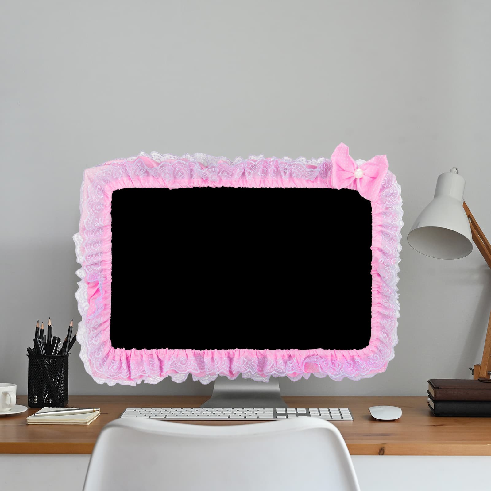 24" Lovely Cute Lace Computer Monitor Cover with Elastic, Bow-knot TV LCD Screen Monitor Decoration Dust Cover Protector, Pink - 3