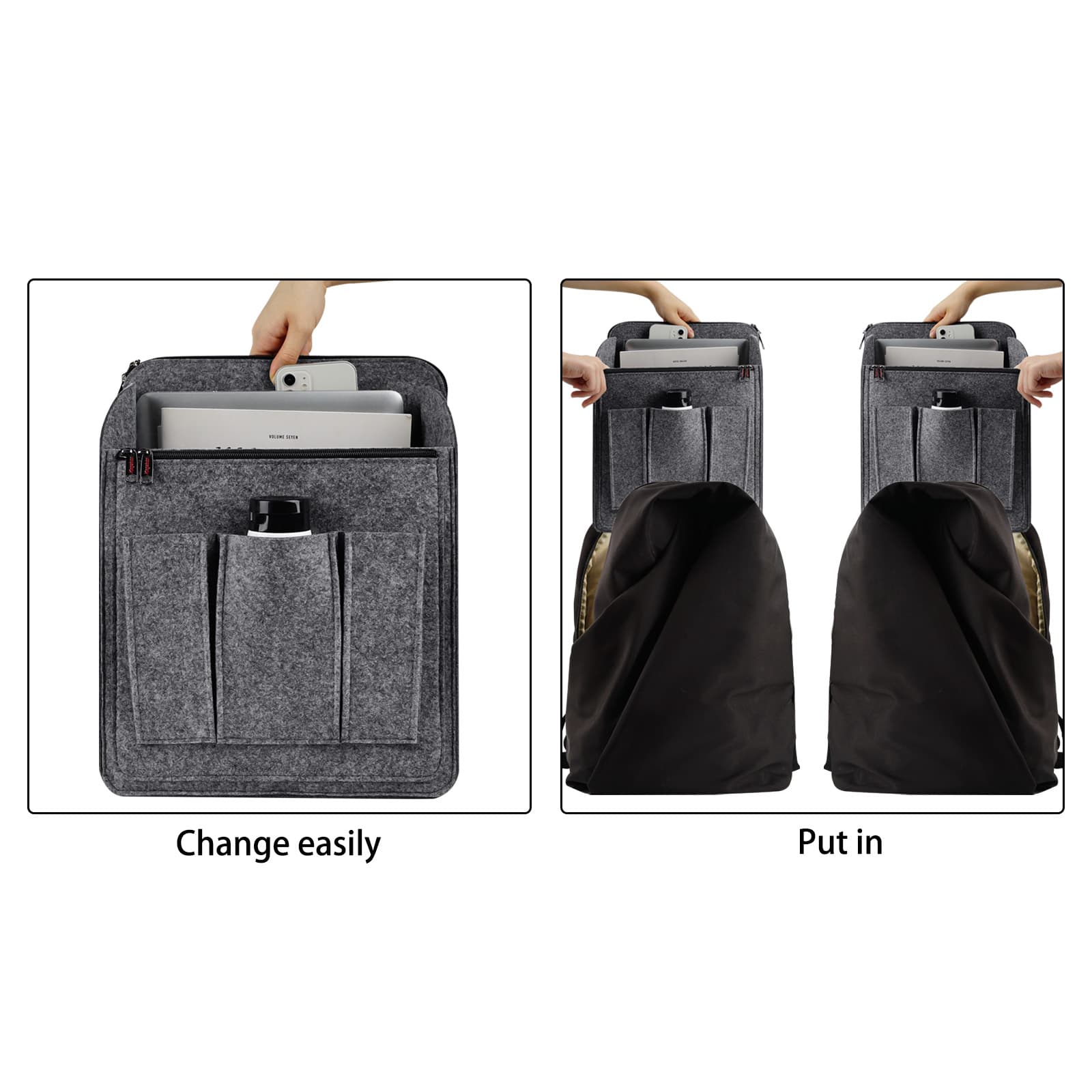 Kingshion Backpack Organizer Insert for Over 10" Backpack, Felt Bag In Bag Organizer for Rucksack Shoulder,Travel Backpack Vertical Interior Bag, Large Capacity Backpack Storage Lining Bag, Grey - 3