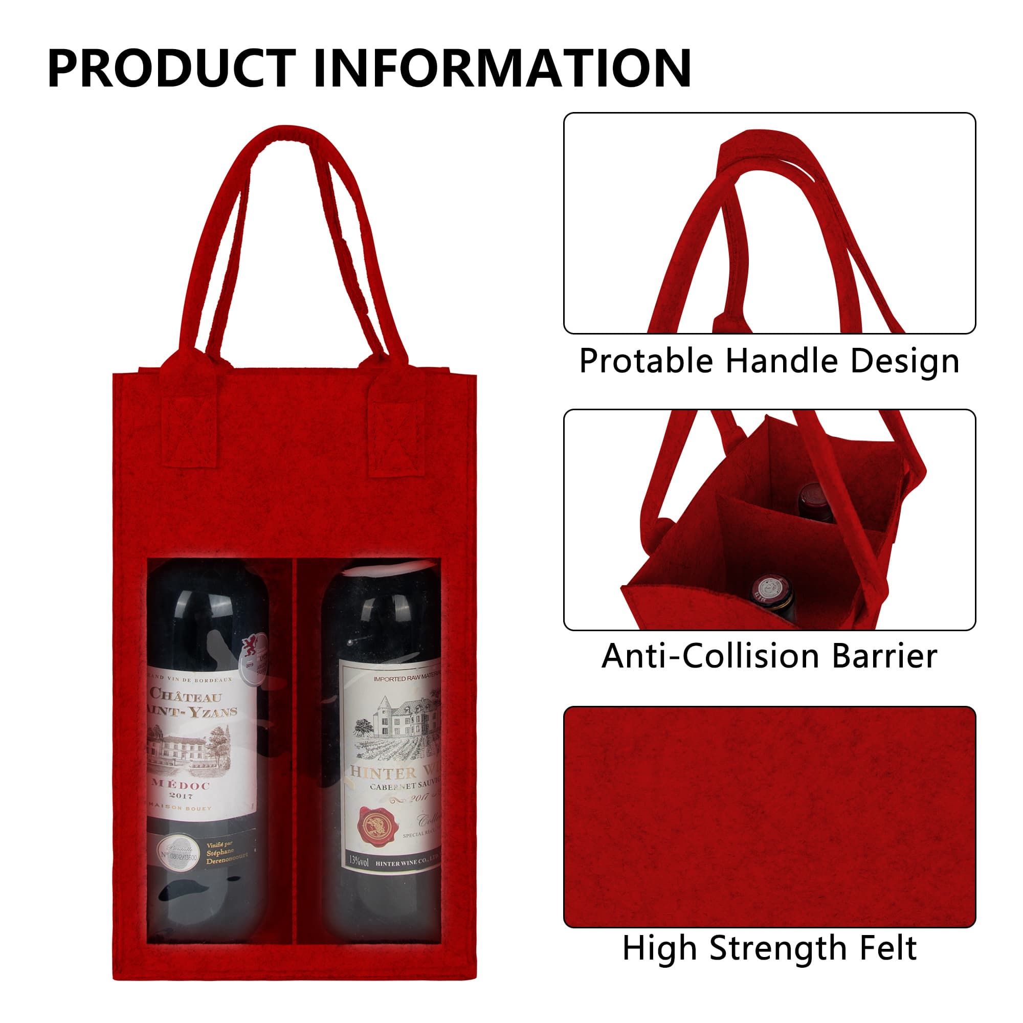 Kingshion Felt 2 Wine Bottle Carrier Bag with Handle, 2 Compartments Wine Bottle Storage Holder, Reusable Travel Wine Carry Bag (Red) - 3