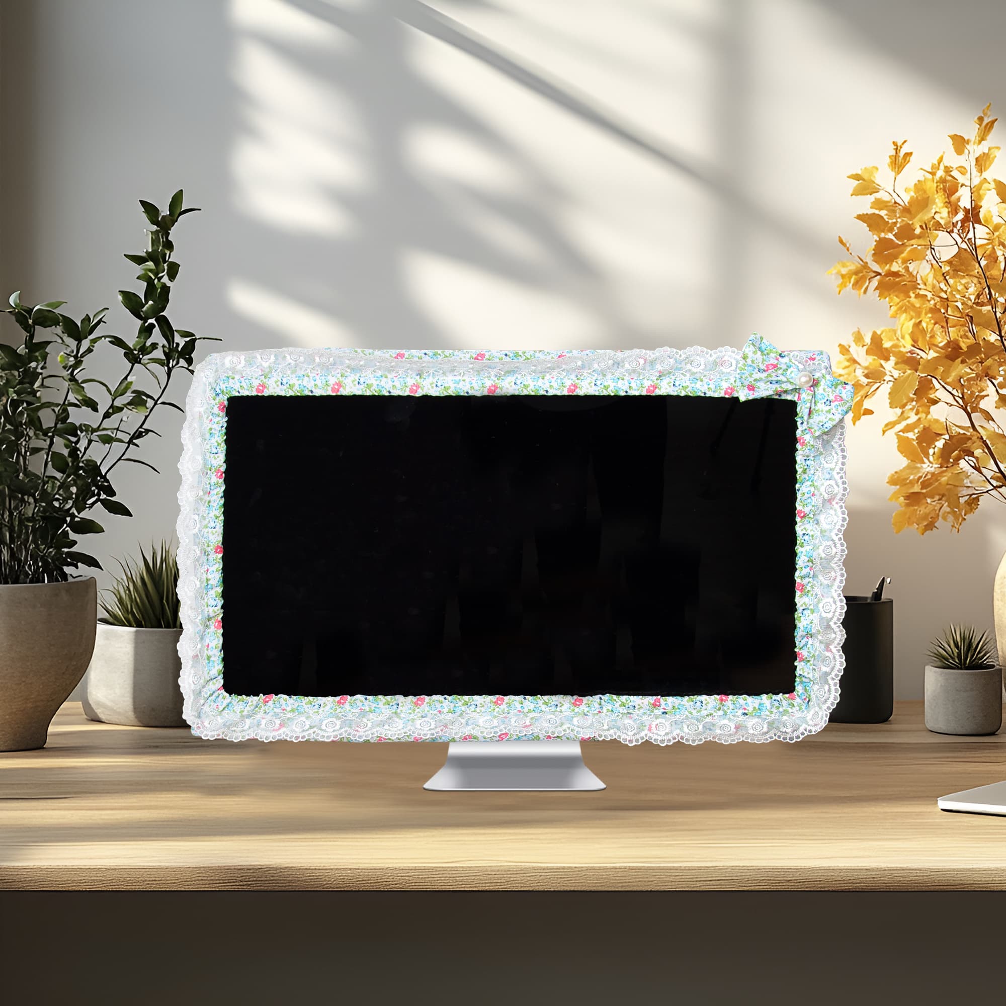 Kingshion 24 - 27 IN Lovely Cute Computer Monitor Cover with Lovely Cute Elastic Pen Pocket Bow-knot TV LCD Screen Monitor Decoration Dust Cover Protector, Lace Fabric- Green - 4