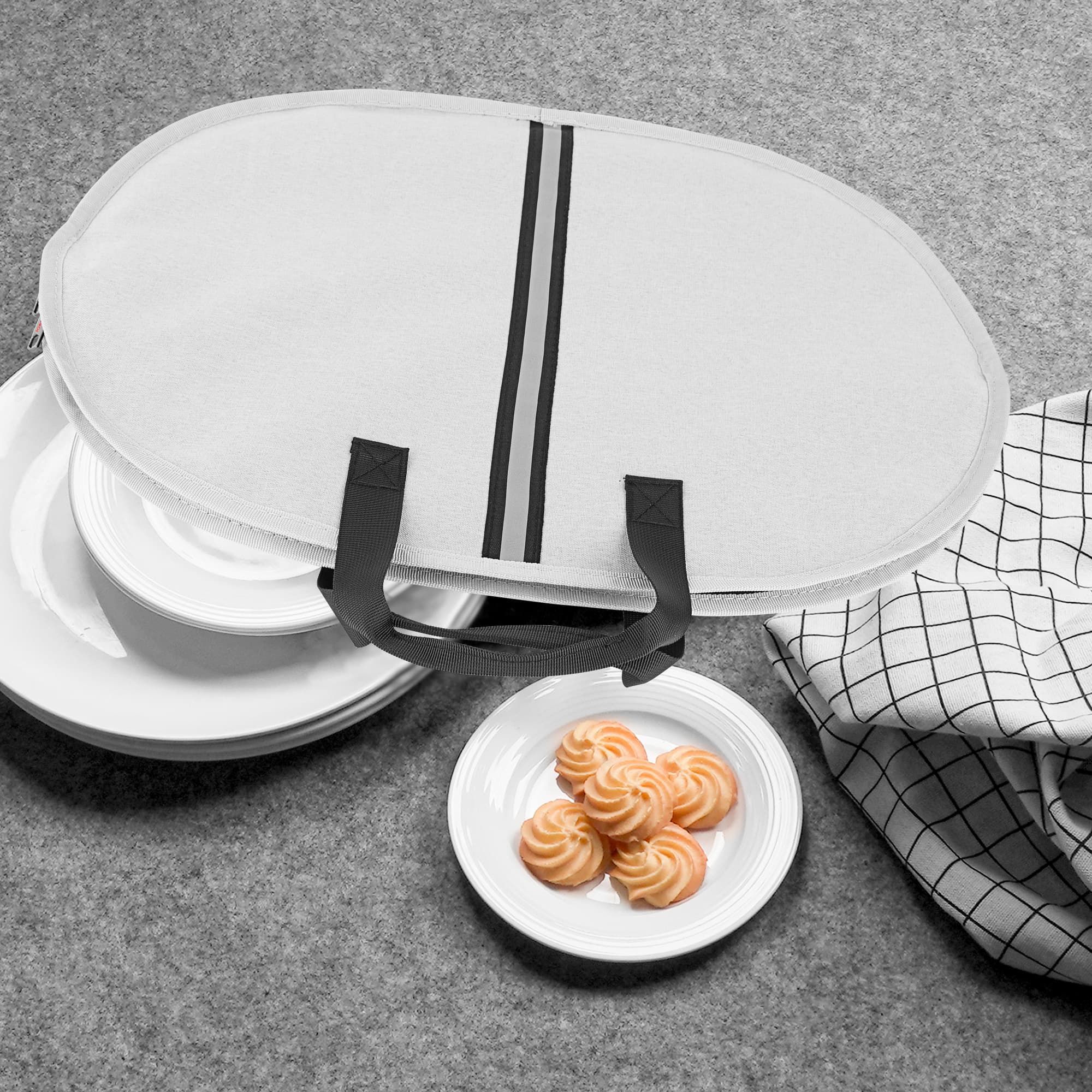 Kingshion Large Platter Storage Bag- 18" x 13" - Stackable with Padded Interior - China Storage Containers for Plates and Serveware (Light Gray) - 4
