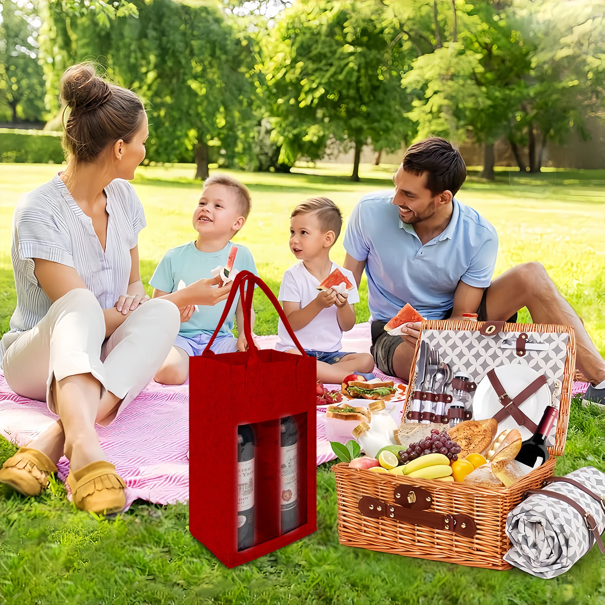 Kingshion Felt 2 Wine Bottle Carrier Bag with Handle, 2 Compartments Wine Bottle Storage Holder, Reusable Travel Wine Carry Bag (Red) - 5