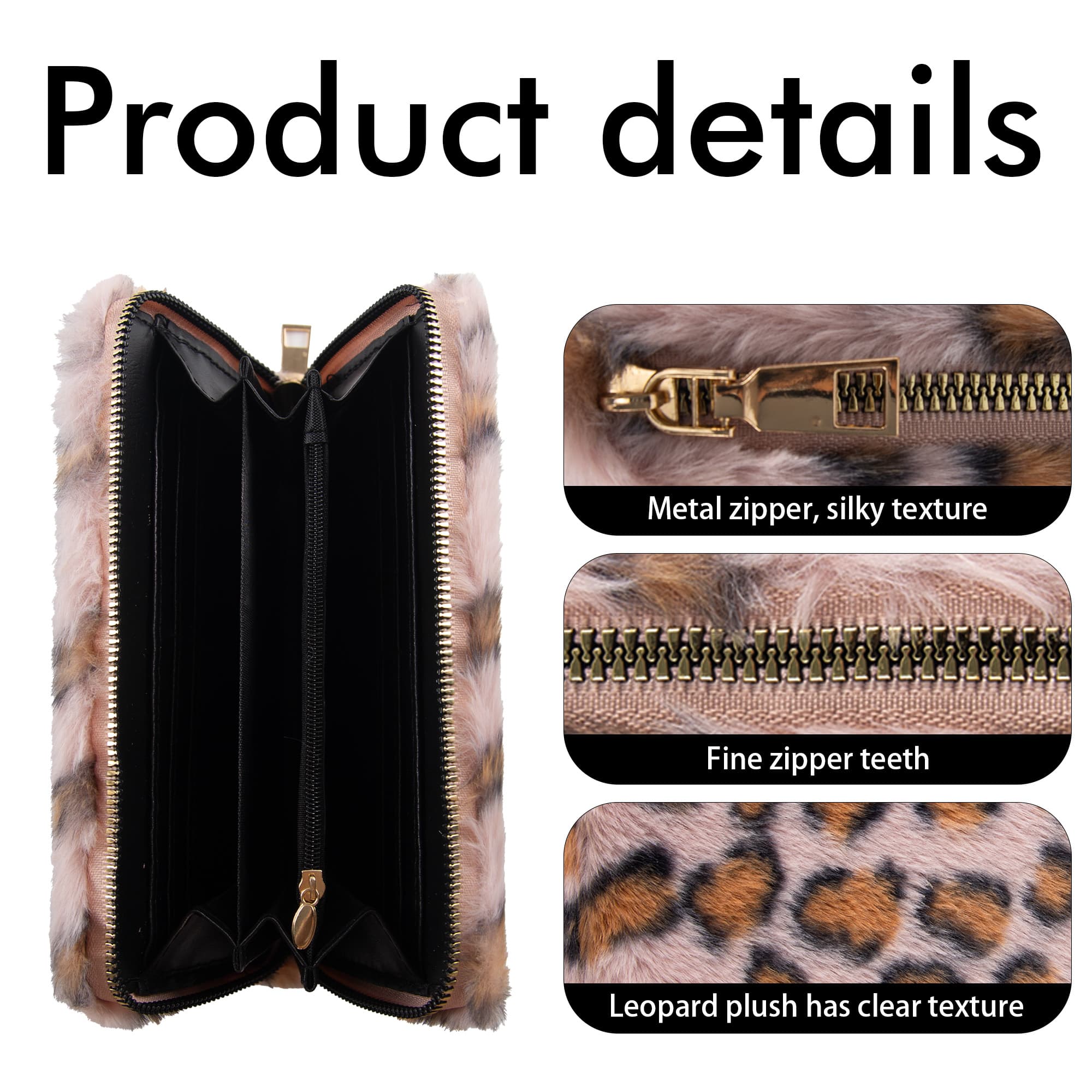 Leopard Print Fuzzy Clutch Wallet - Plush Faux Fur Handbag with 5 Bill Compartment, 8 Card Slots & Zipper Coin Pocket, Durable Scratch Prevention Multi-Pocket Handle Purse for Women (Pink) - 1