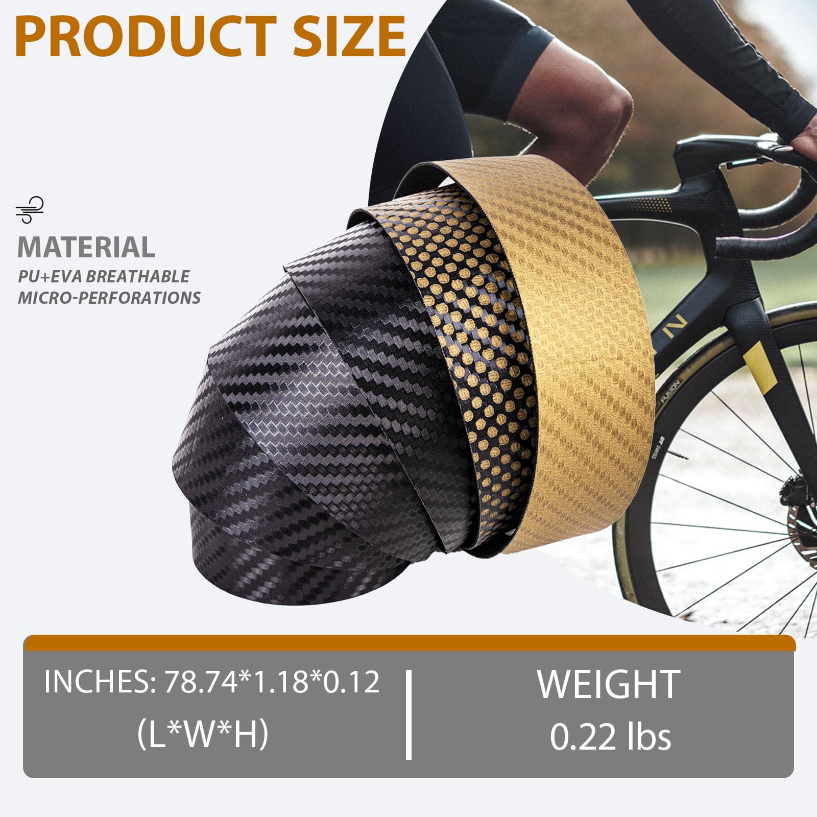 RidingRush Bike Grip Tape Carbon Fiber (Black & Gold) - PU Leather Non-Slip EVA Handlebar Tape for Road and Gravel Bikes - Lightweight Grip Tape with End Plugs - 1