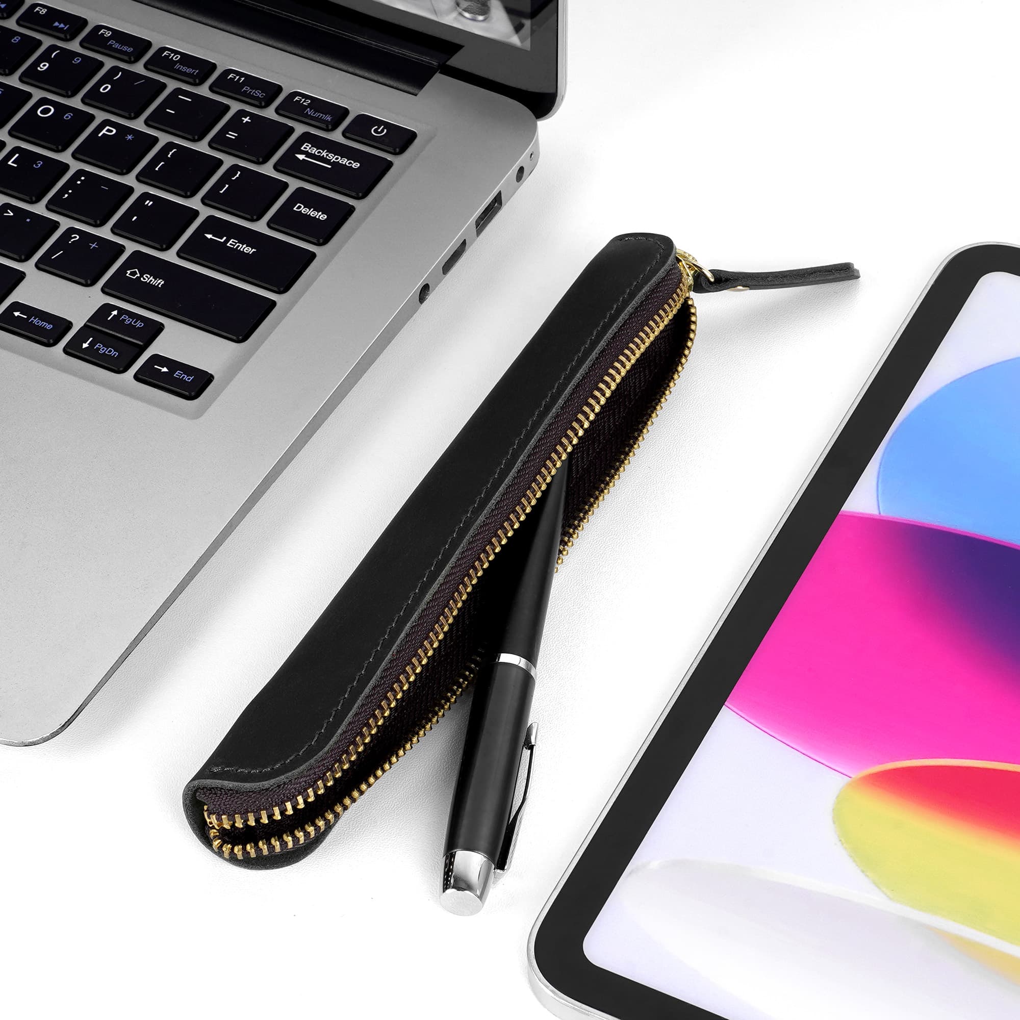 JANKINGS Crazy Horse Leather Zipper Pen Pouch Handmade, Single Pen Case Fountain Pen Sleeve Holder Pouch Cover Vintage, Mini Pencil Bag (Black) - 3