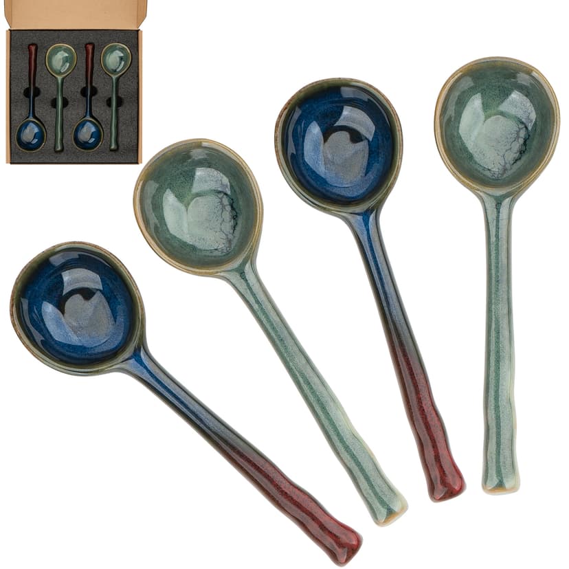 JANKOW 4 Pack Japanese Ceramic Soup Spoons - Hand-Painted Retro Porcelain Spoons with Long Handle - Asian Soup Spoon Set