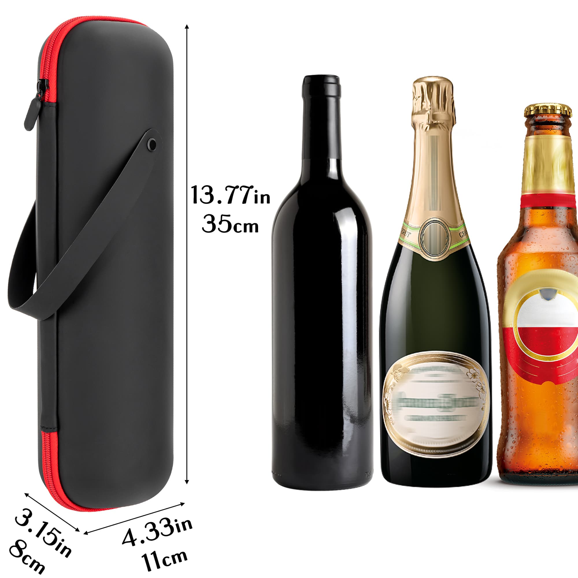JANKINGS EVA Hard Shell Single Wine Bottle Travel Case, PU Carrying Bag with Handle, Shock-Absorbing Lining, Fits Most 750 ml Bottles, Black with Red Zipper, 1 Pack - 1