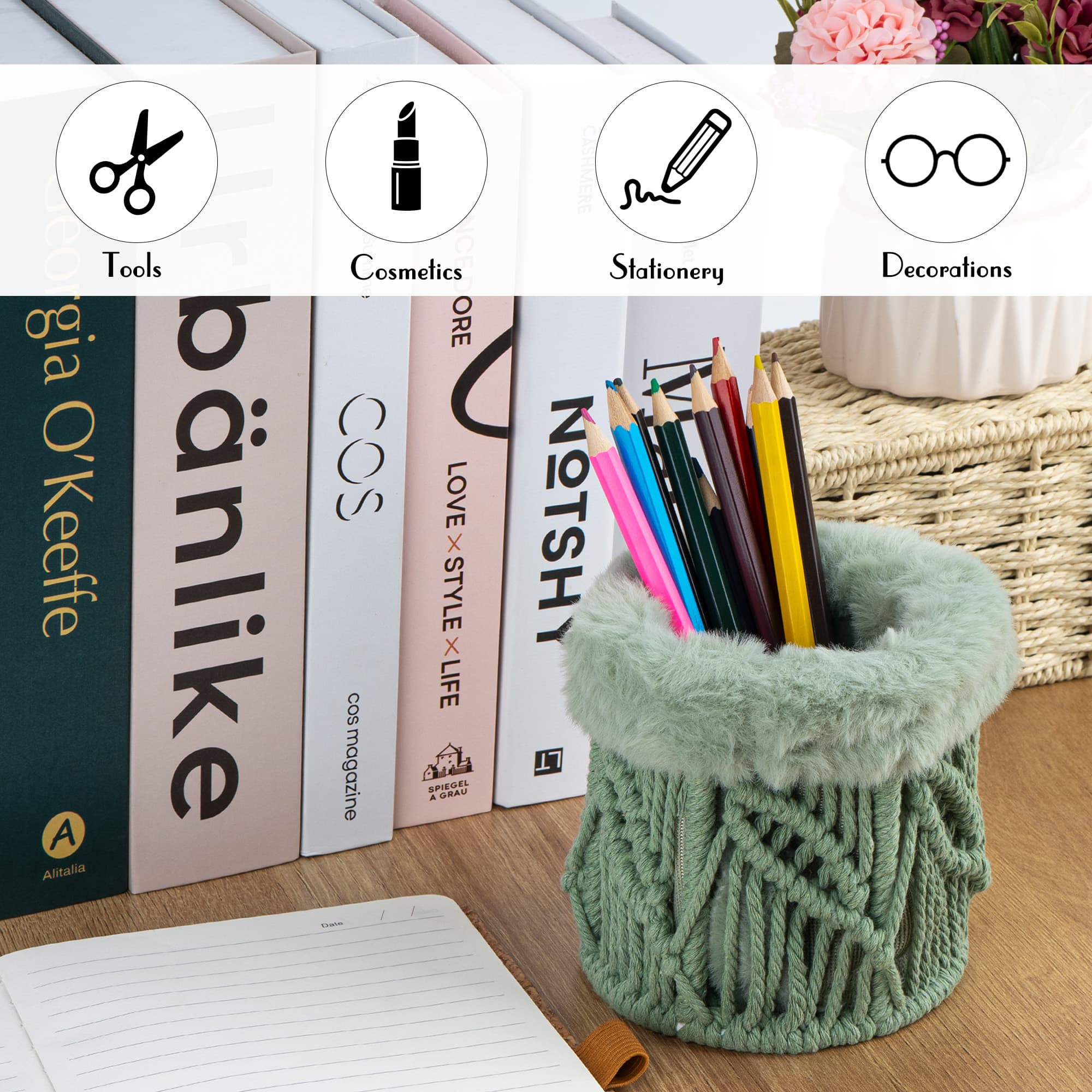 JANKINGS Cotton Rope Pen Holder For Desk, Pen Holder for Office & Home, Art Supply Storage, Desk Decor (Green) - 3