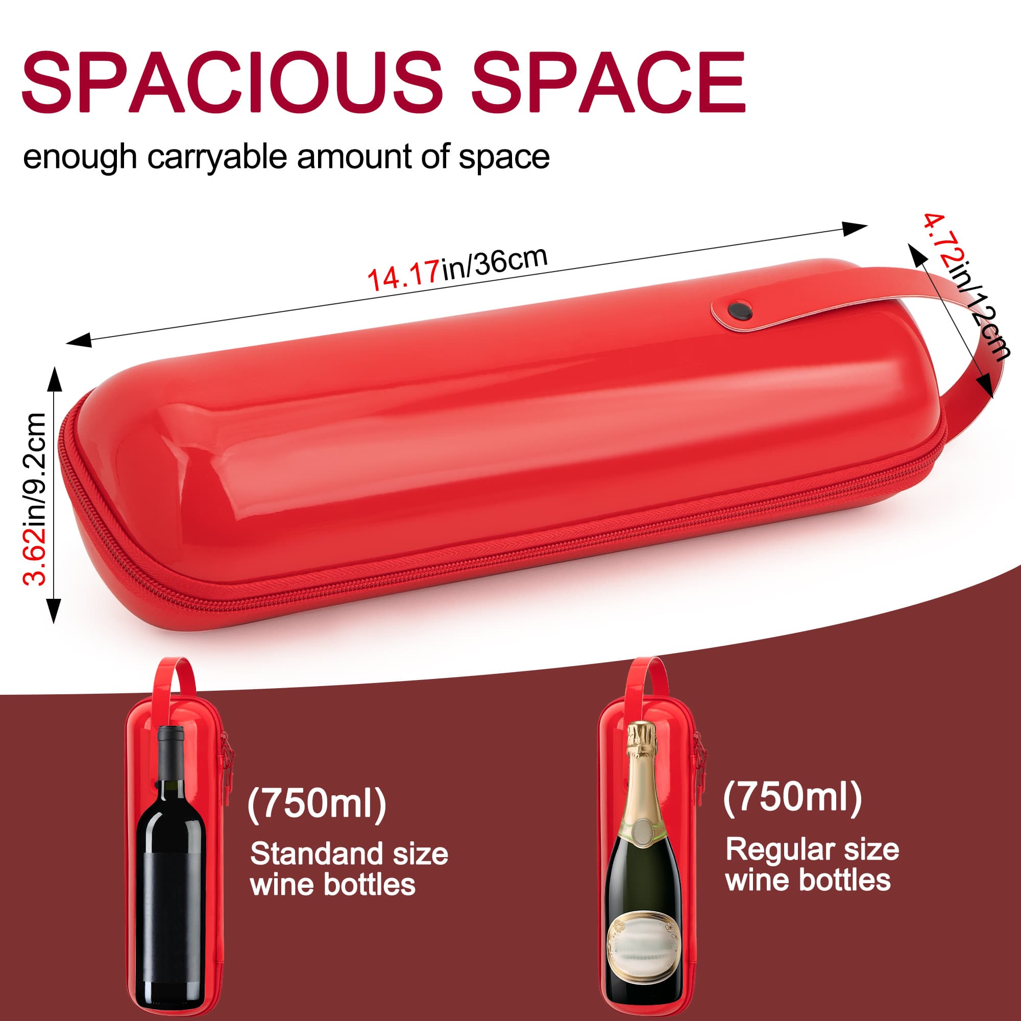 CAIRIAC Single Wine Gift Tote Bag, Hard Shell Protector Bags Champagne Bottle Gift Box Portable Wine Carrier for Travel, Picnic, Beach, BYOB Restaurant (Red) - 2