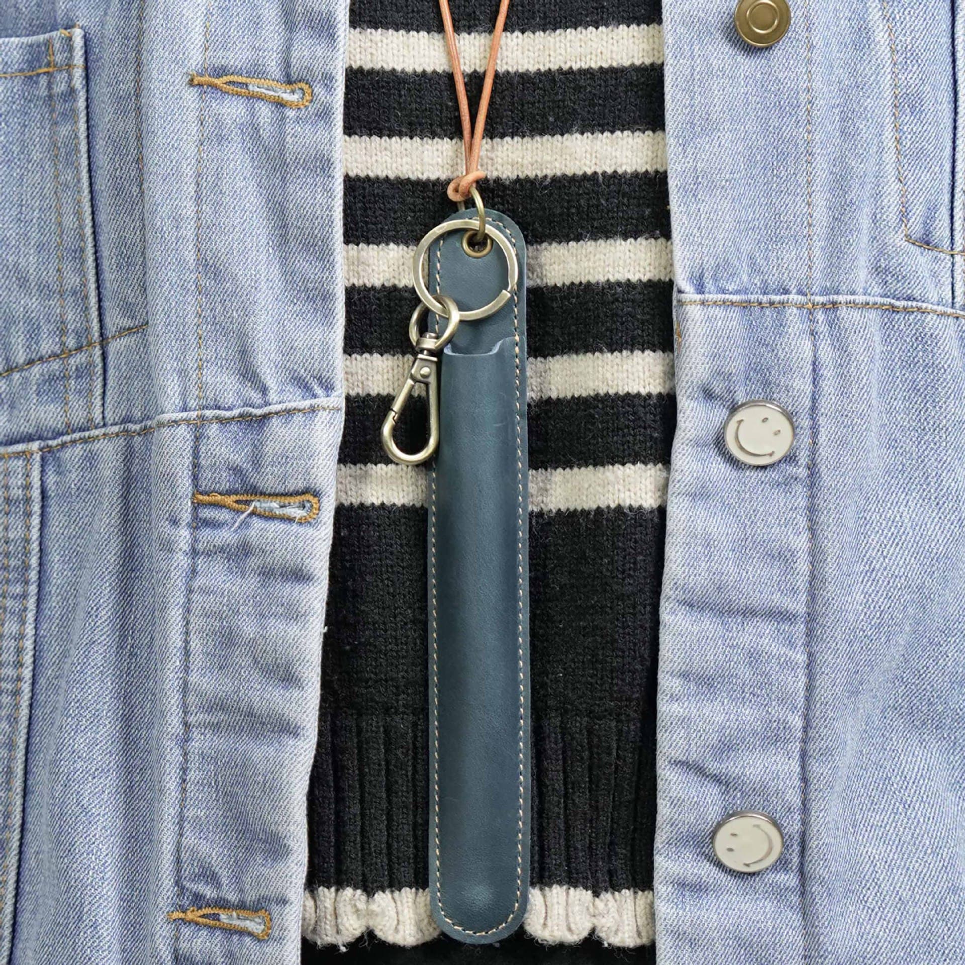 JANKINGS Leather Neck-Hanging Fountain Pen Case, Crazy Horse Blue – Genuine Leather Pen Sleeve with Lanyard & Clip - 5