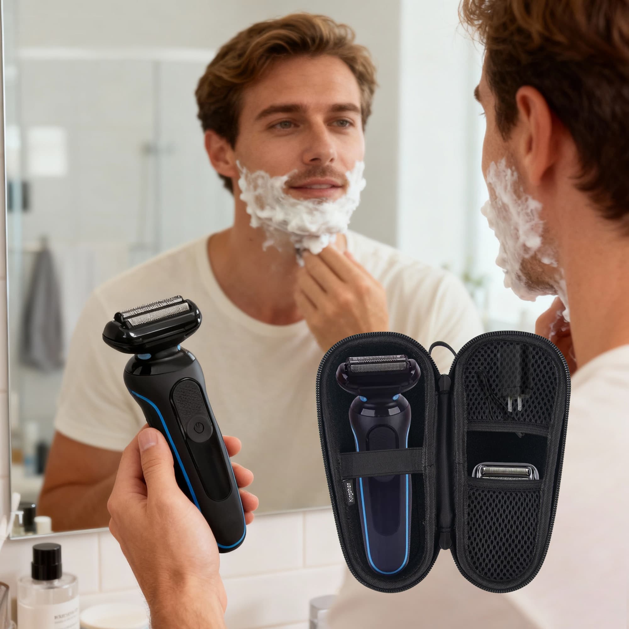 Hard EVA Electric Shaver Case Compatible with Braun S3/S5/S7/S9 & Panasonic es-L320, Splash-Prevention Shockproof Storage Box with Elastic Strap and Charger Mesh Pocket (Black) - 4