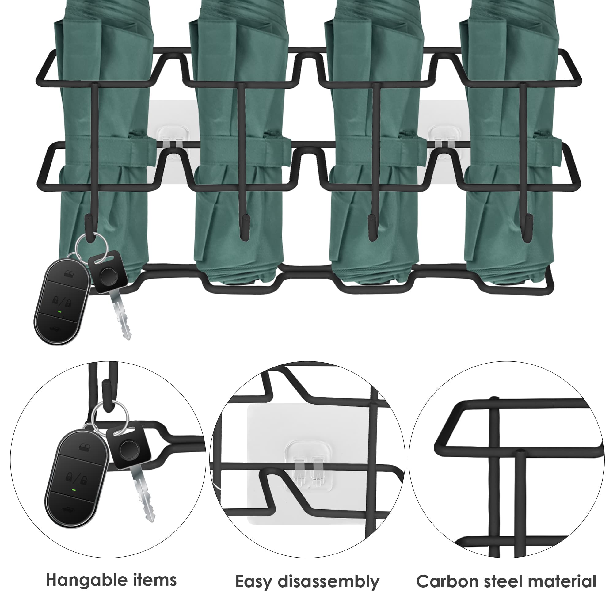 ReignSword Umbrella Stand for Entryway, 4 Compartment Wall Mounted  Metal Umbrella Storage Organizer with Hooks, Space-Saving Umbrella Rack for Home (Black) - 3