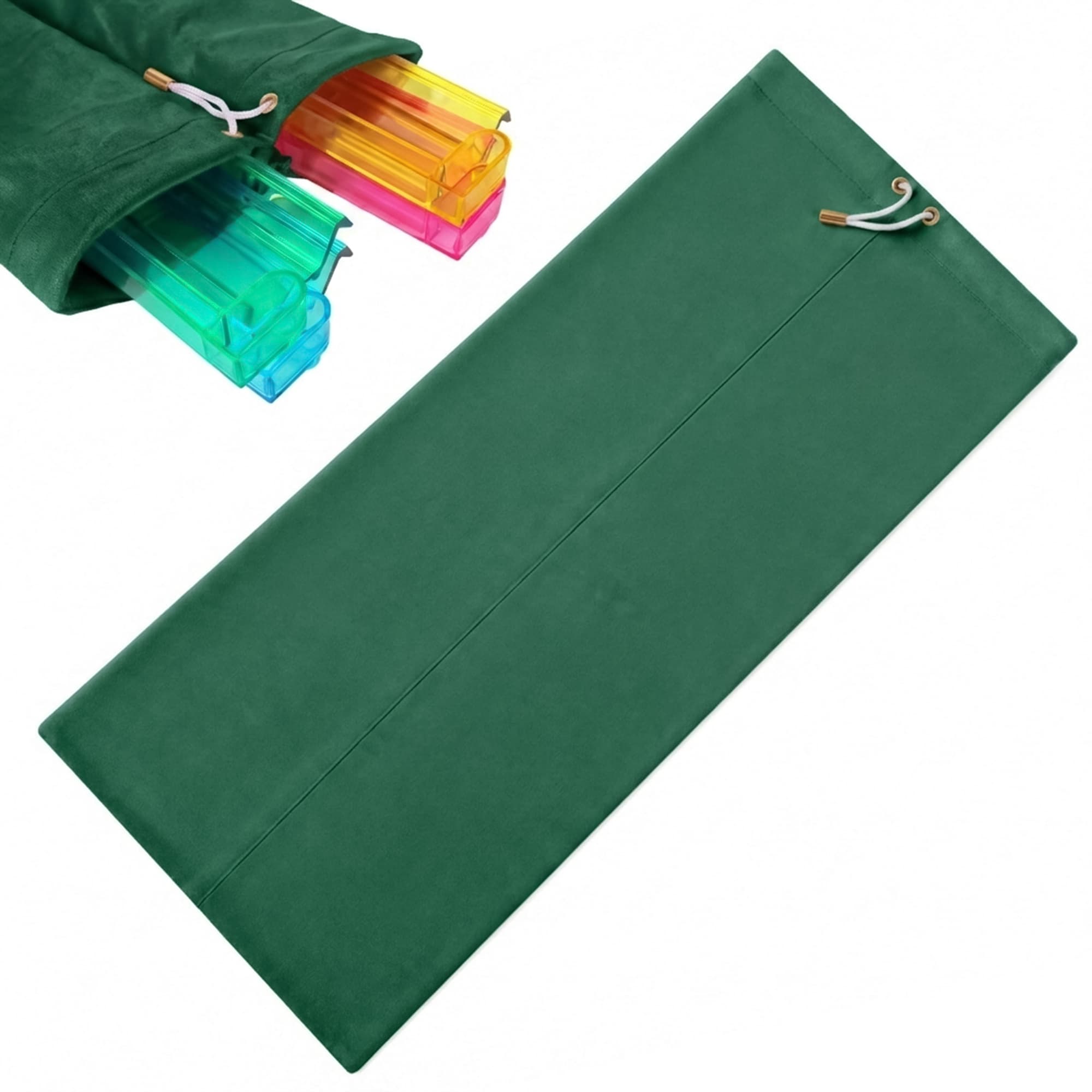 ReignSword Velvet Mahjong Rack Storage Bag, 22x9.5 Inch Drawstring Pouch, 2-Compartment Organizer for 4 Mahjong Racks & Pushers, Protective Holder for Mah Jongg Accessory (Green) - 1