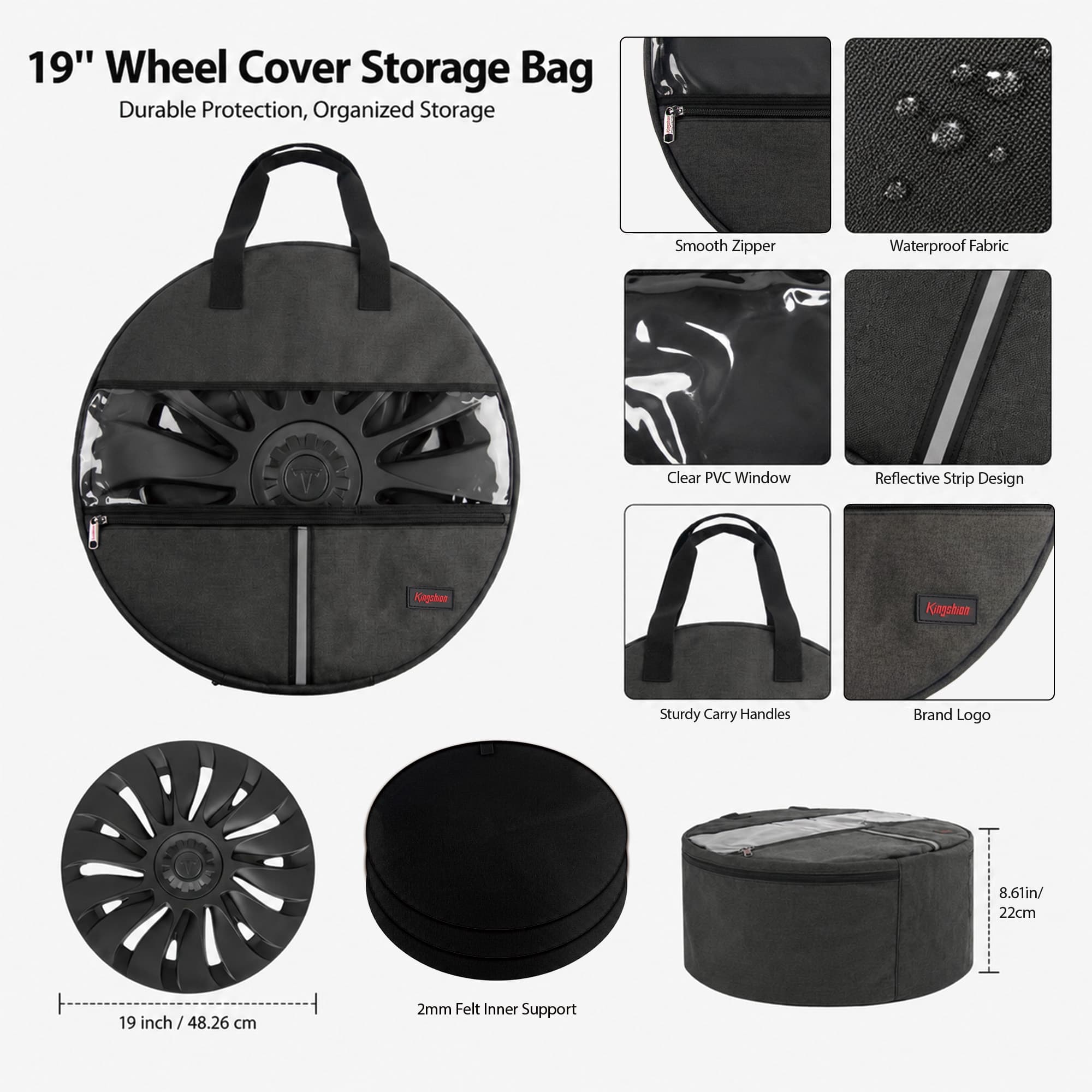 Generic 19 Inch Wheel Hubcap Storage Bag with Clear Window and 2mm Thick Felt Pads, Heavy Duty Wheel Cover Carrying Case Compatible with Tesla Model Y Gemini 19" Aero Covers, Dark Gray - 2