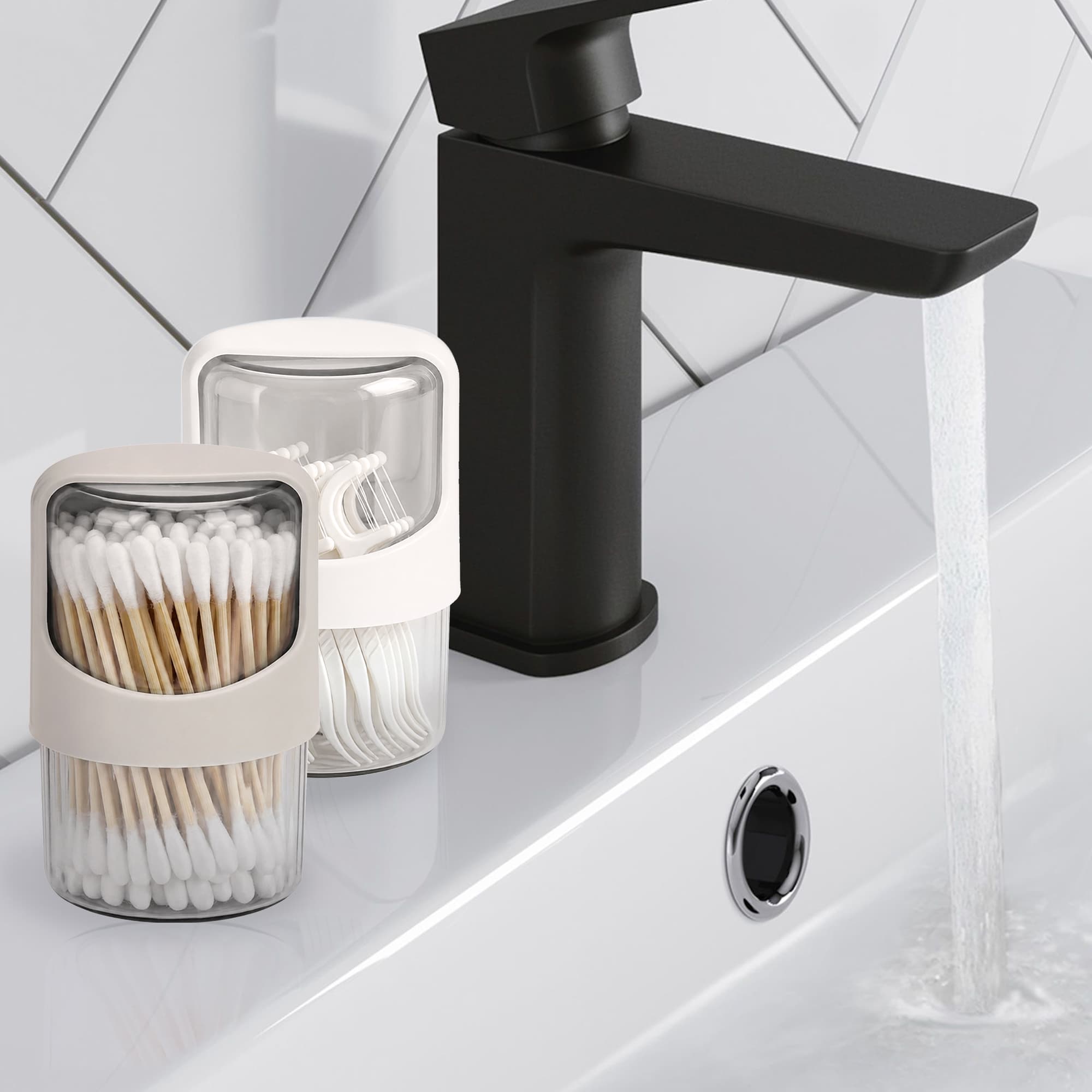 ReignSword 2 Pack Qtip Holder Dispenser with Rotating Lid, Clear Cotton Swab Holder Plastic Container, Bathroom Jar Organizer for Cotton Swabs, Balls, Pads, Dental Floss (Off-White & Light Gray) - 7