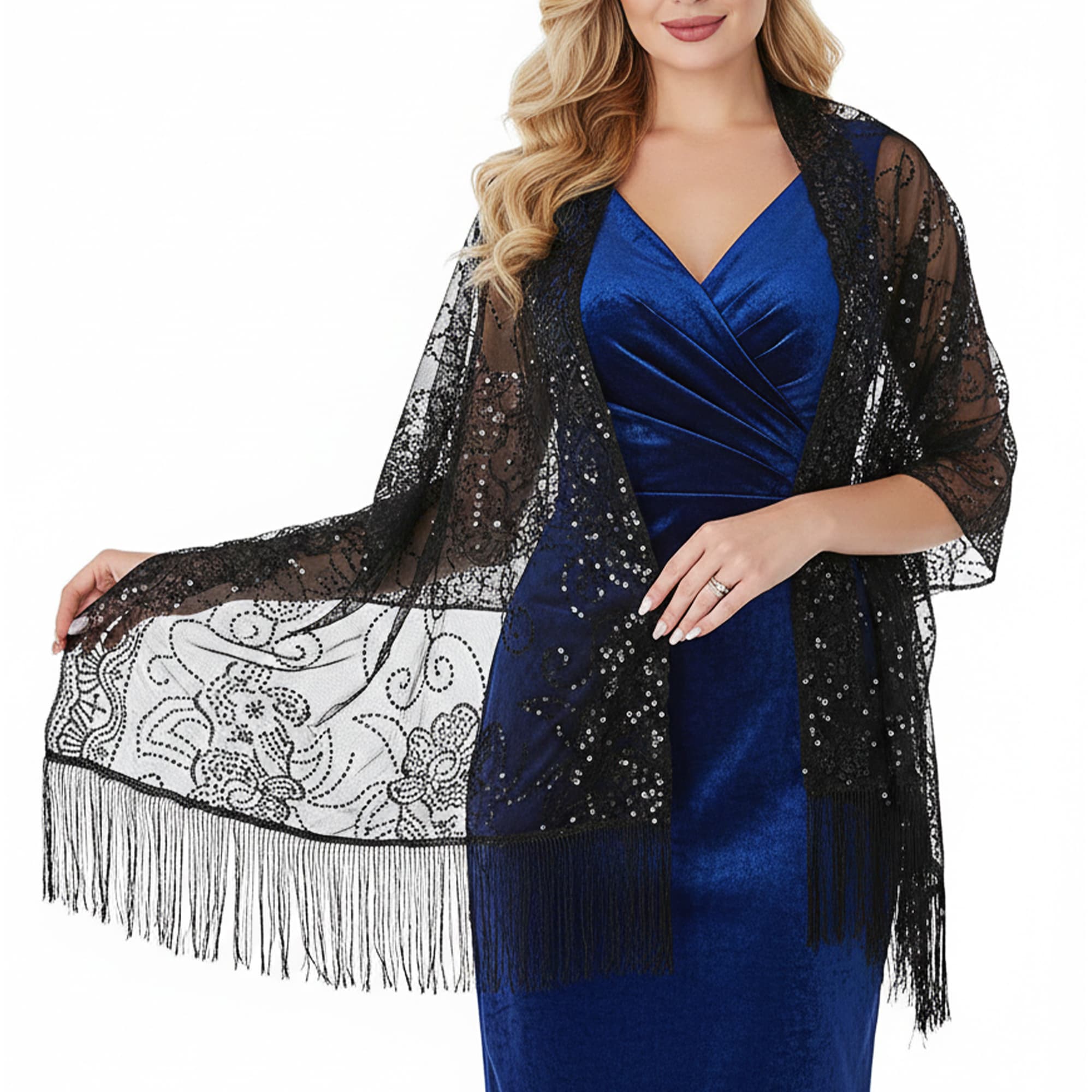 ReignSword Women Sheer Shawls with Floral Sequin Design for Evening Dresses, Elegant Wedding Bridal Lace Scarf, Formal Party Dress Cover with Tassels (Black) - 5