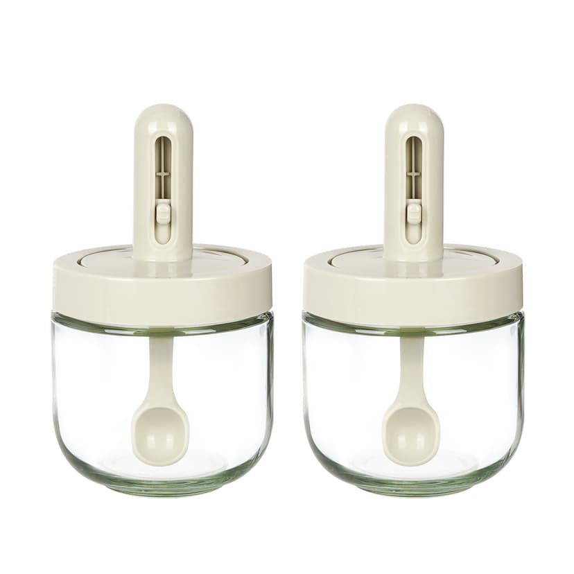JANKOW Glass Spice Jars, with Retractable Spoon and Lid, Condiment Jar Spice Container, Sealed Spice Container for Keeping Table Sugar, Gourmet Salts, Chili Herbs (2 Pack White)