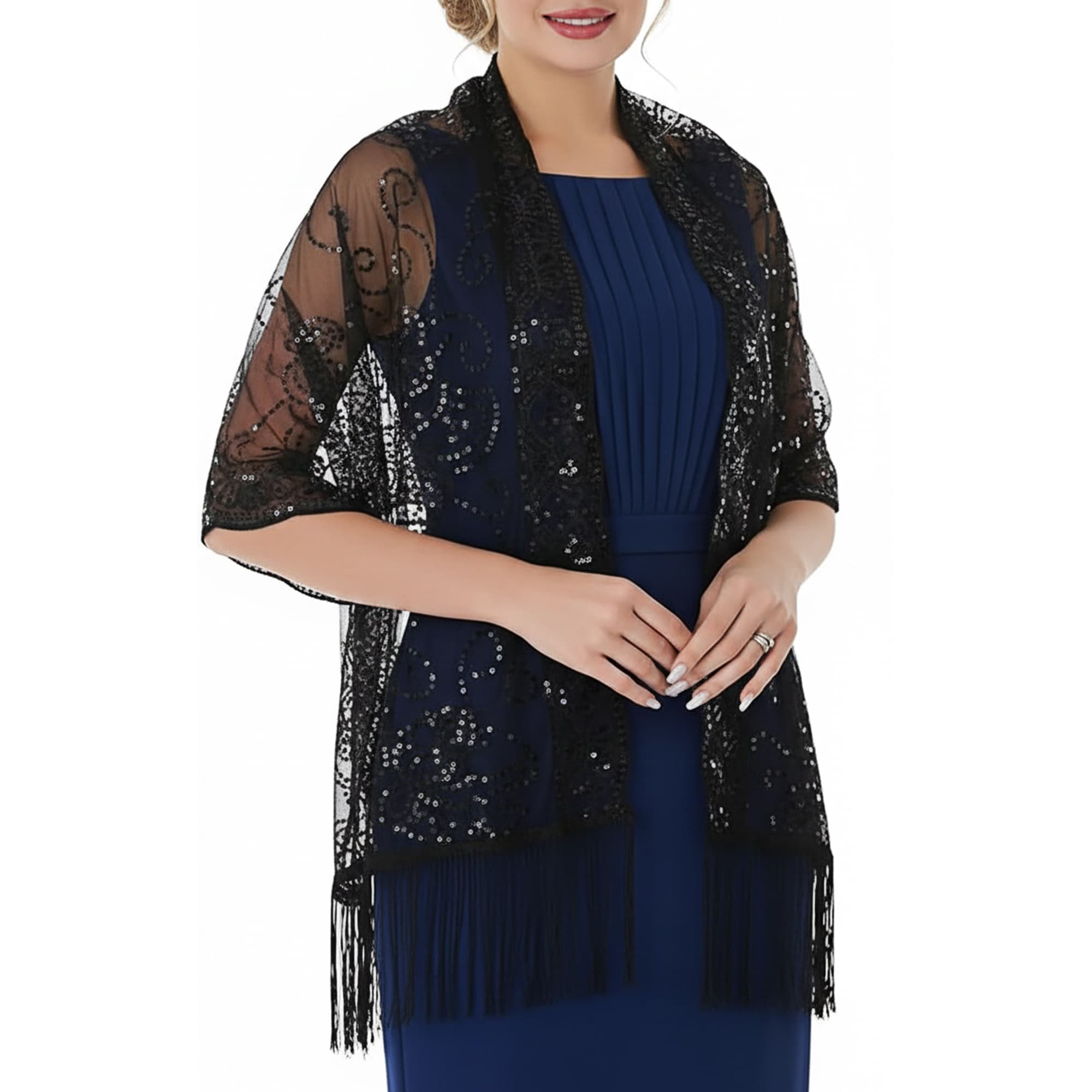 ReignSword Women Sheer Shawls with Floral Sequin Design for Evening Dresses, Elegant Wedding Bridal Lace Scarf, Formal Party Dress Cover with Tassels (Black) - 4