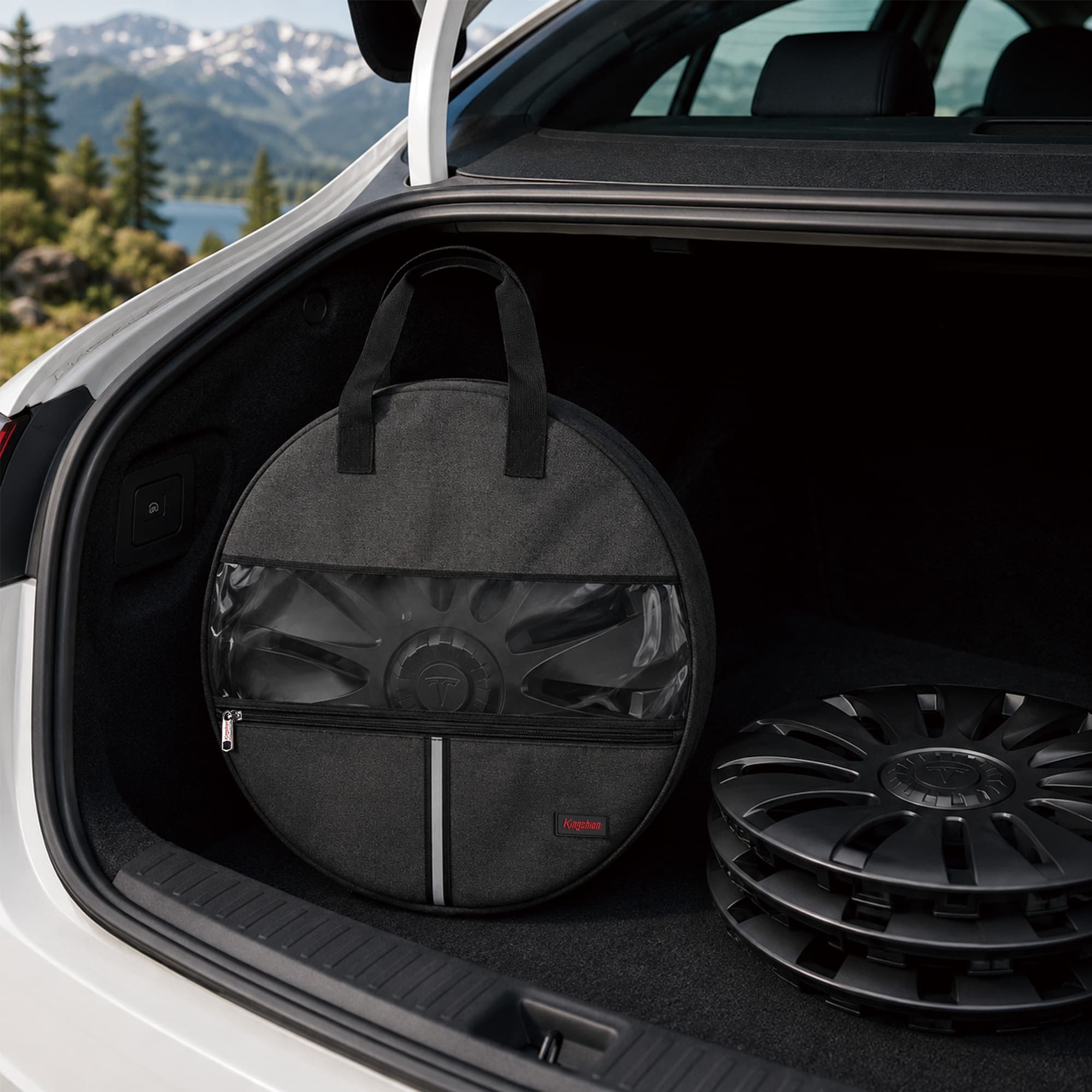 Generic 19 Inch Wheel Hubcap Storage Bag with Clear Window and 2mm Thick Felt Pads, Heavy Duty Wheel Cover Carrying Case Compatible with Tesla Model Y Gemini 19" Aero Covers, Dark Gray - 1