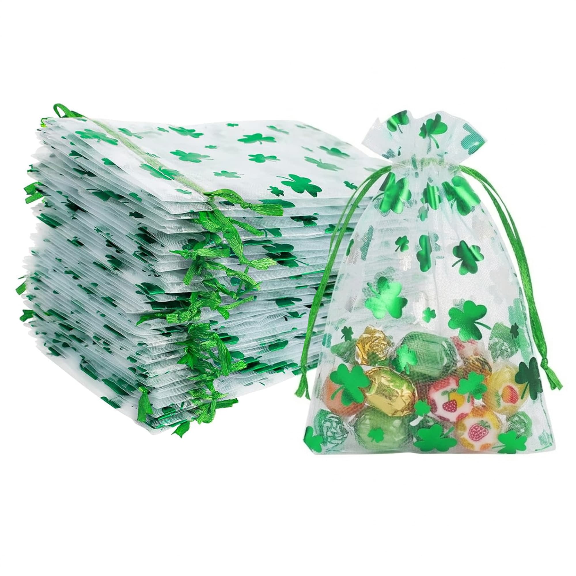 ReignSword 50 Pcs St. Patrick's Day Organza Gift Bags, Shamrock Clover Green Drawstring Mesh Treat Pouches, Goodie Bag for Party Favors, Candy, Jewelry (6 x 4 Inch) - 1