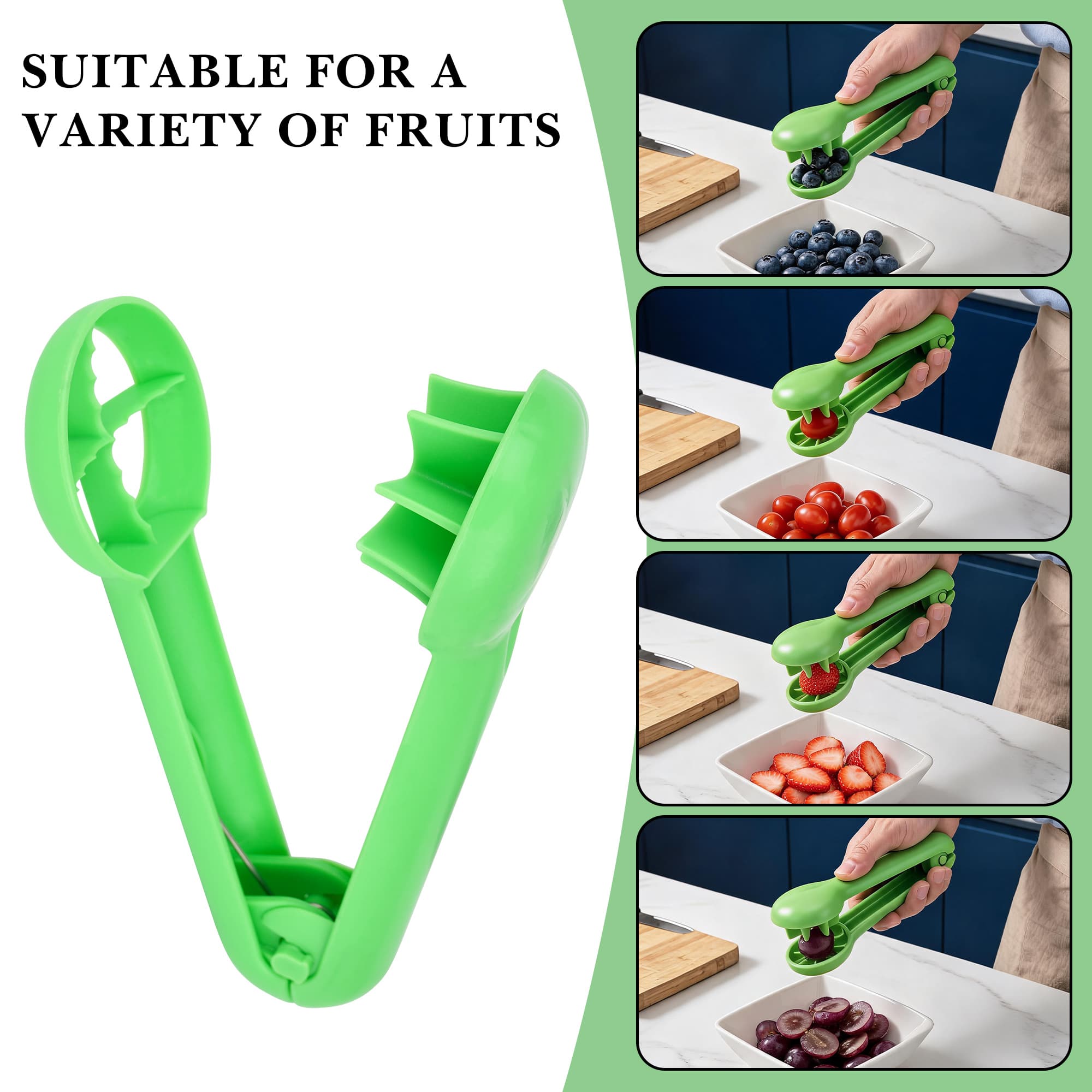 ReignSword 2 Pcs Grape Cutter Slicer, Plastic Cherry Tomato & Strawberry Quarter Cutter, Quick Fruit Slicing Tool for Salads, Kitchen Gadget for Small Fruits (Green) - 5