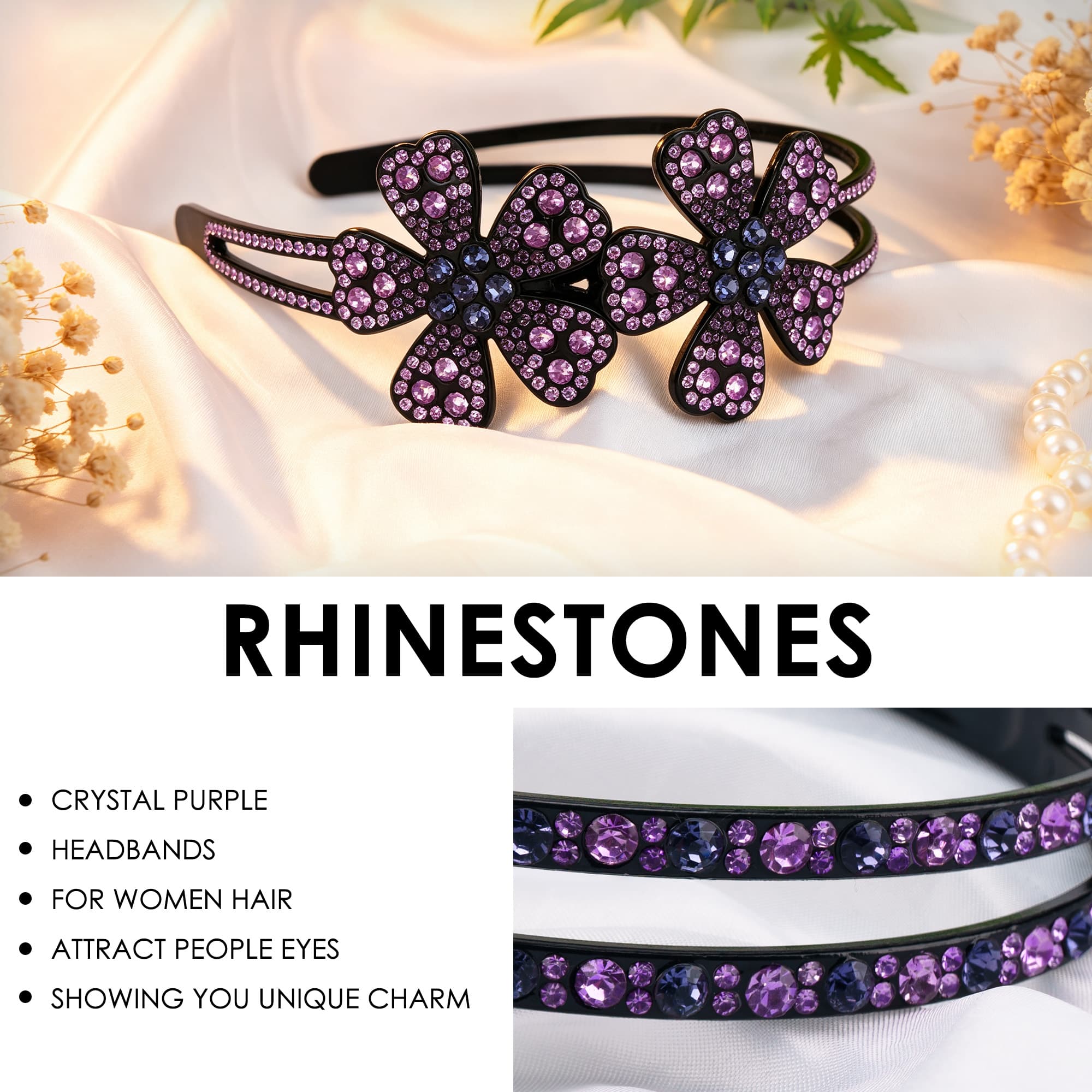 ReignSword 2 Pack Rhinestone Headbands for Women, Sparkly Crystal Bow & Flower Hair Bands, Non-Slip Plastic Hair Hoops for Daily Party (Purple) - 2