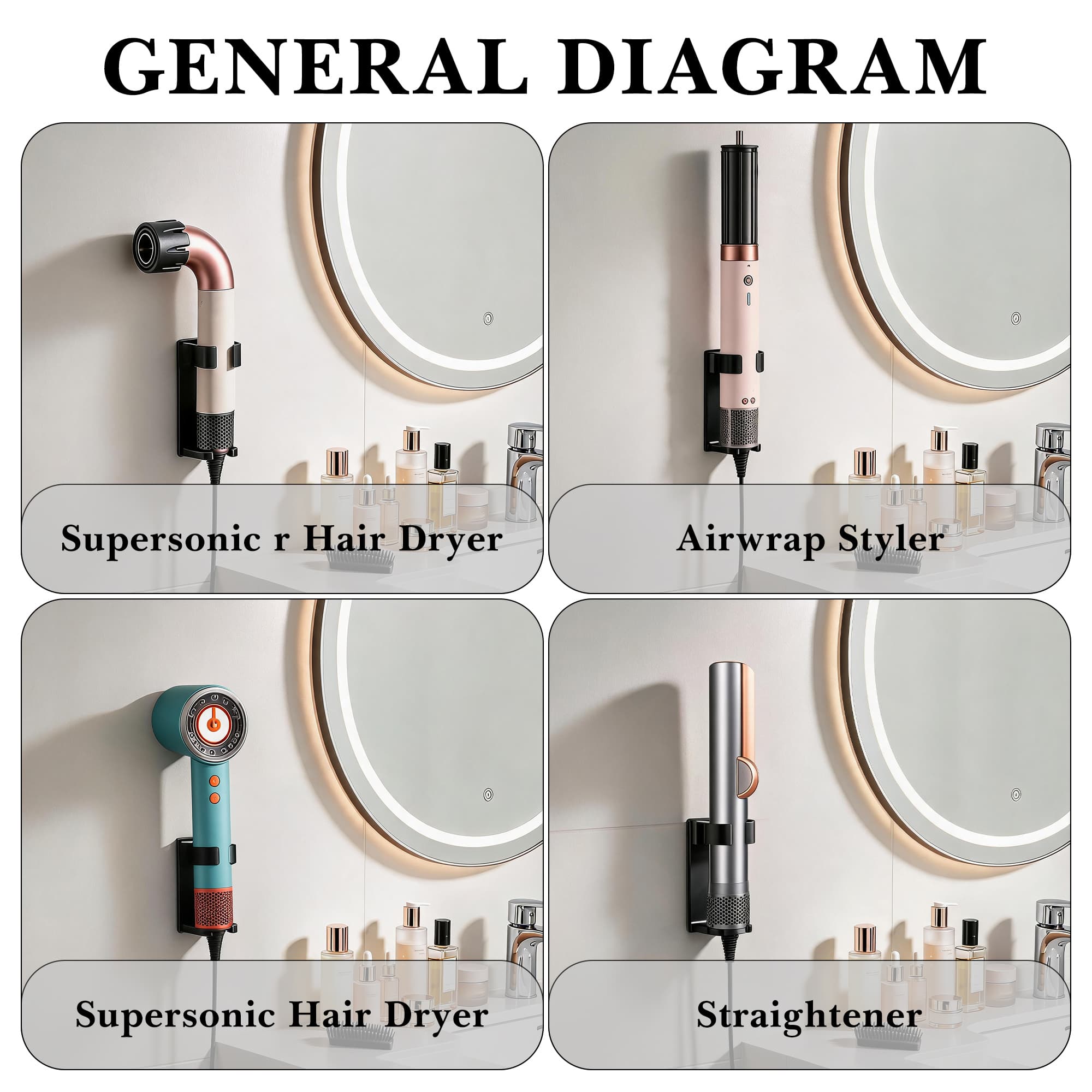 ReignSword Hair Dryer Wall Mount Holder Compatible with Dyson Supersonic r, Aluminum Self-Adhesive Bathroom Rack, Hair Styling Tools Organizer with Power Cord Storage, Fits 1.8" Inner Diameter, Black - 5