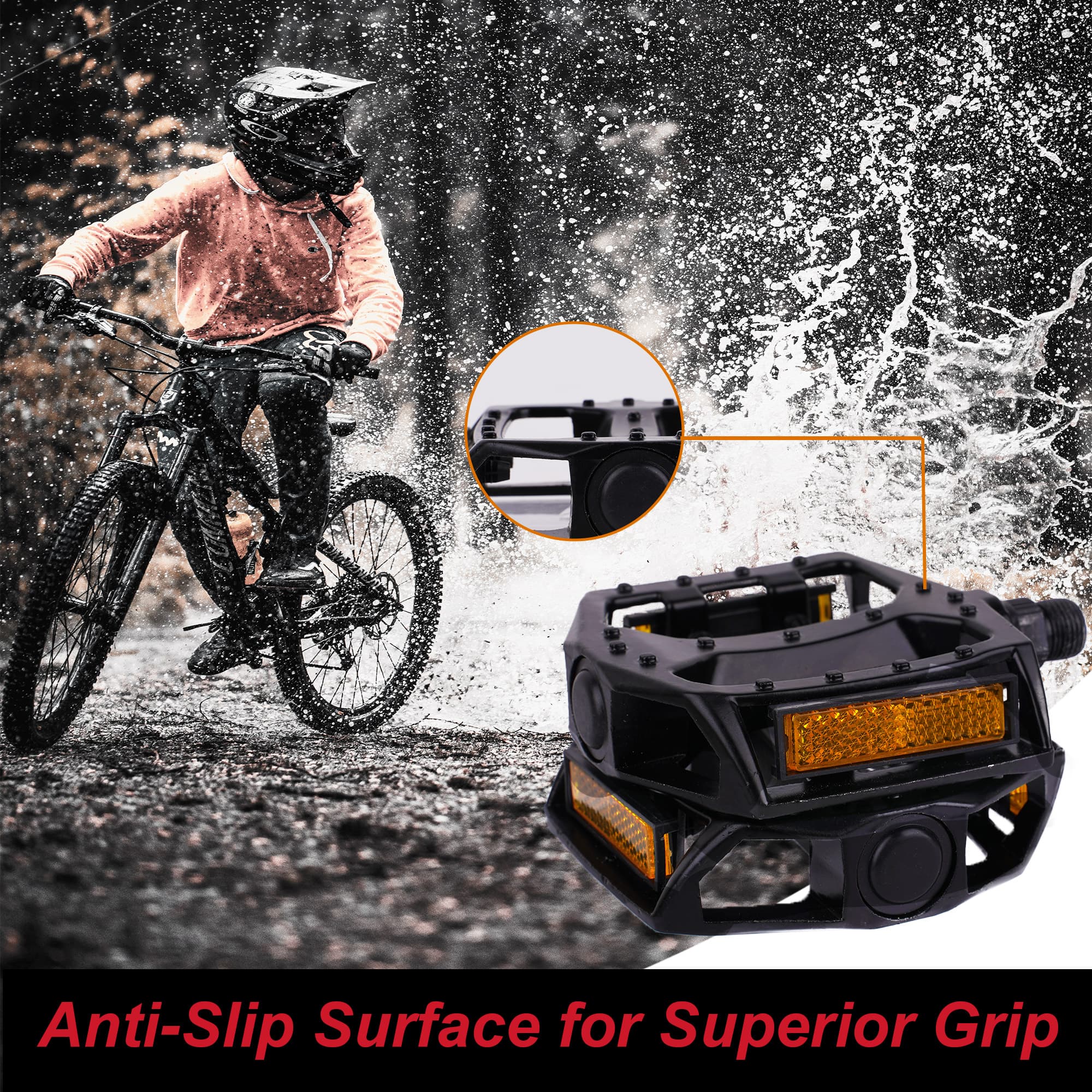 9/16'' Bike Pedals, Wide 4.53'' Platform Flat Pedals with Anti-Slip Pins & Reflectors, Aluminum & Nylon MTB Pedals with Smooth Bearing for Mountain, Road, BMX, Commuter Bikes - 3