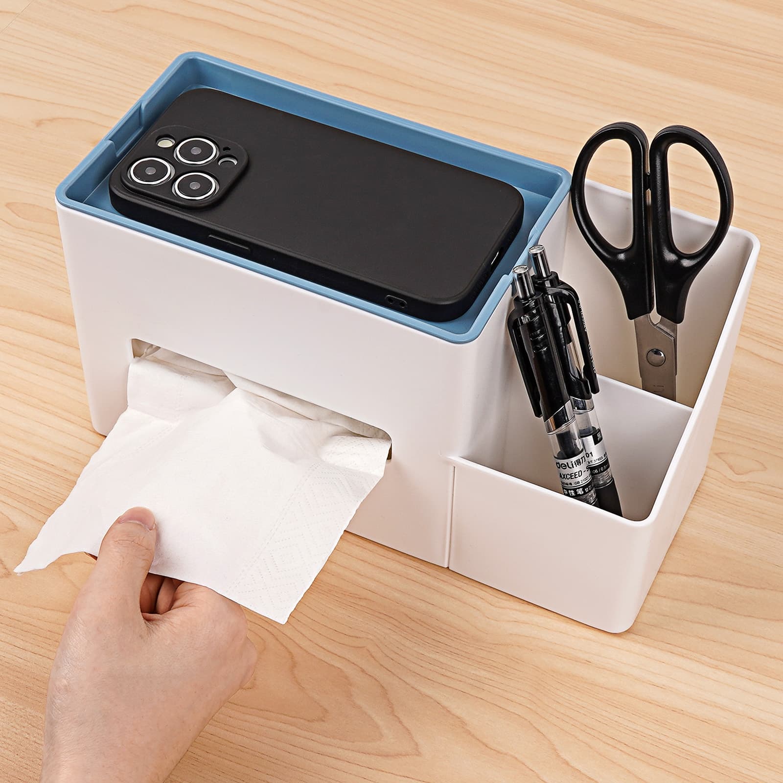 JANKOW Multi-Functional Tissue Box Holder, Organizer Paper Towel Holder, Multi-Functional Tissue Remote Control Holder for Living Room Vanity Night Stand Table Countertop Office (Blue) - 5