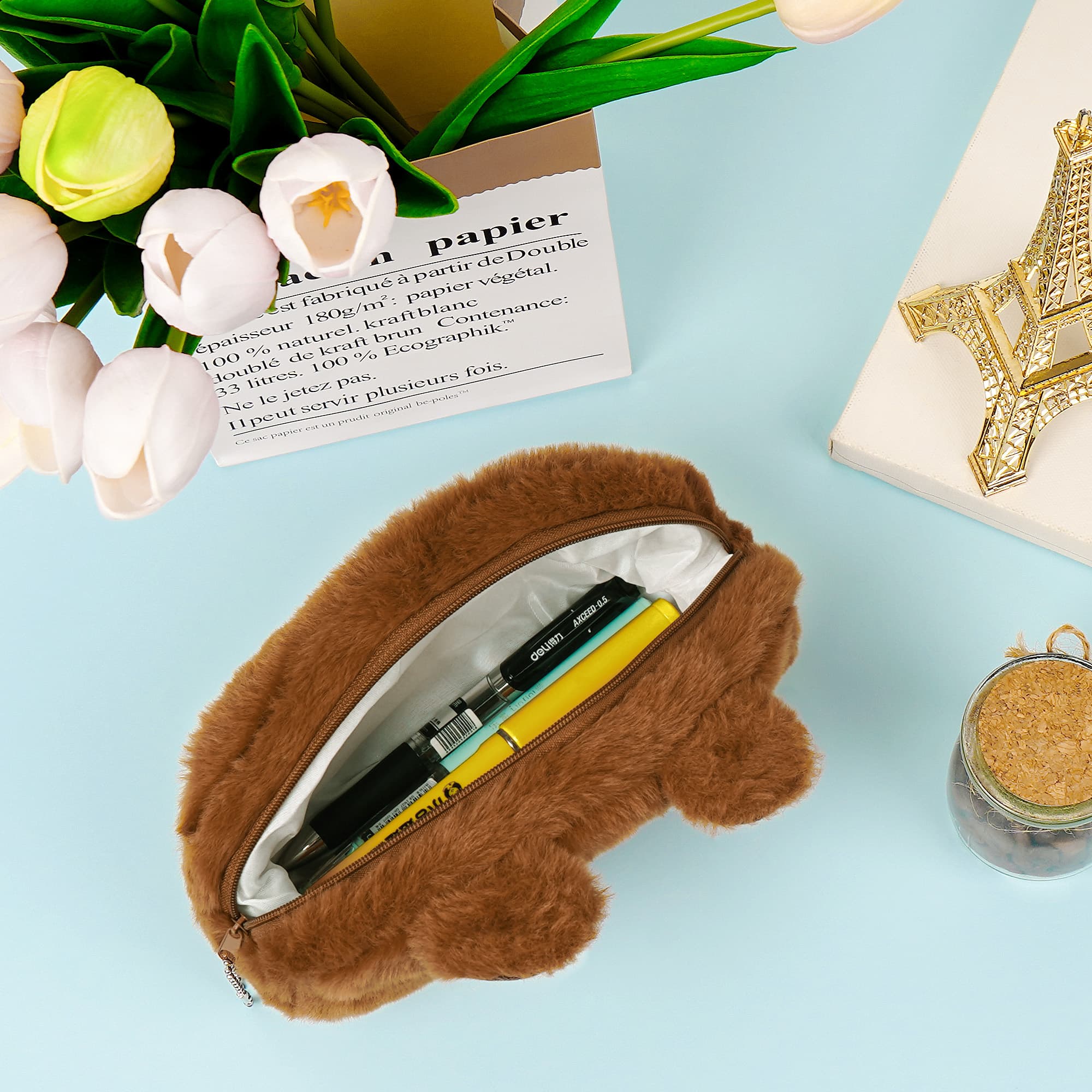 JANKOW Cute Capybara Plush Pencil Case, Sleepy-Eyes Brown Animal Pen & Marker Pouch, 1-Pack - 4