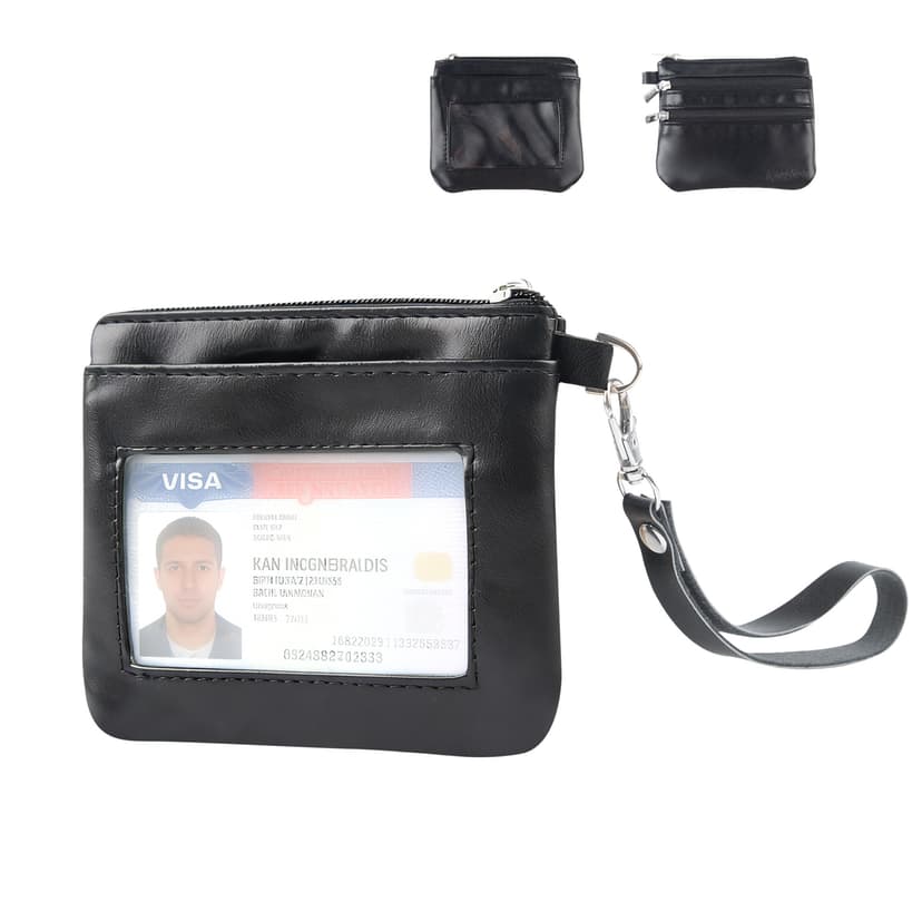 Mini Handheld Coin Purse Wallet with Detachable Wrist Strap - PU Leather Small Wallet with Front Transparent ID Window, Top Large Cash Zipper Compartment, Back Double Zipper Pockets for Cards & Coins