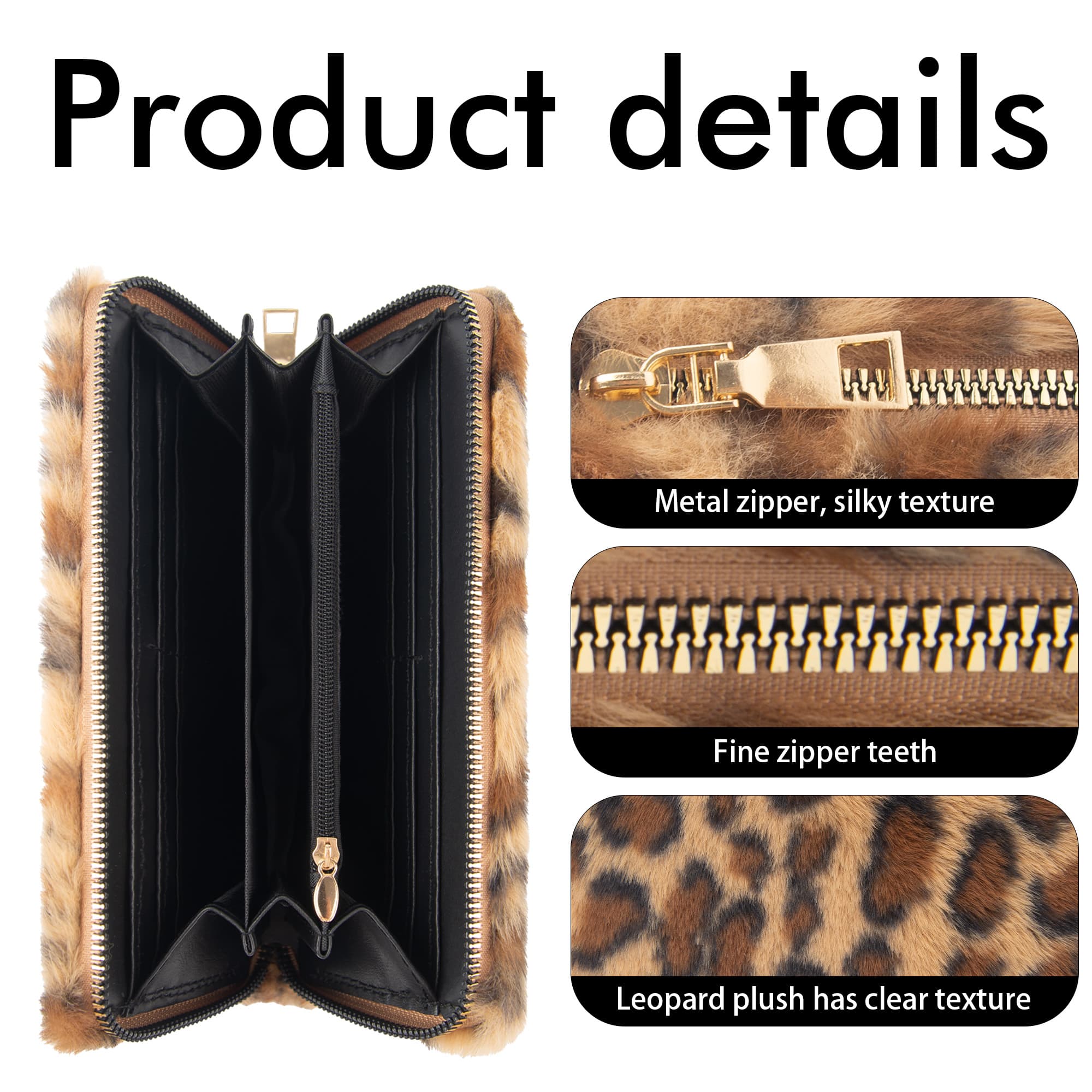 Leopard Print Fuzzy Clutch Wallet - Plush Faux Fur Handbag with 5 Bill Compartment, 8 Card Slots & Zipper Coin Pocket - 2