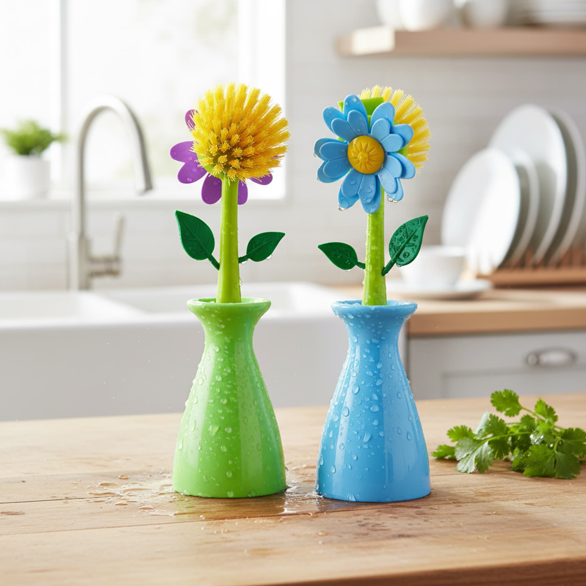 JANKOW Long Handle Vegetable And Fruit Brush, Florganic Dish Brush with Vase, Long Handle Dish Brush Kitchen, for Cleaning Pot Pan Sink Kitchen Supplies Decorative Vase (2 Pcs) (Green/Blue) - 4