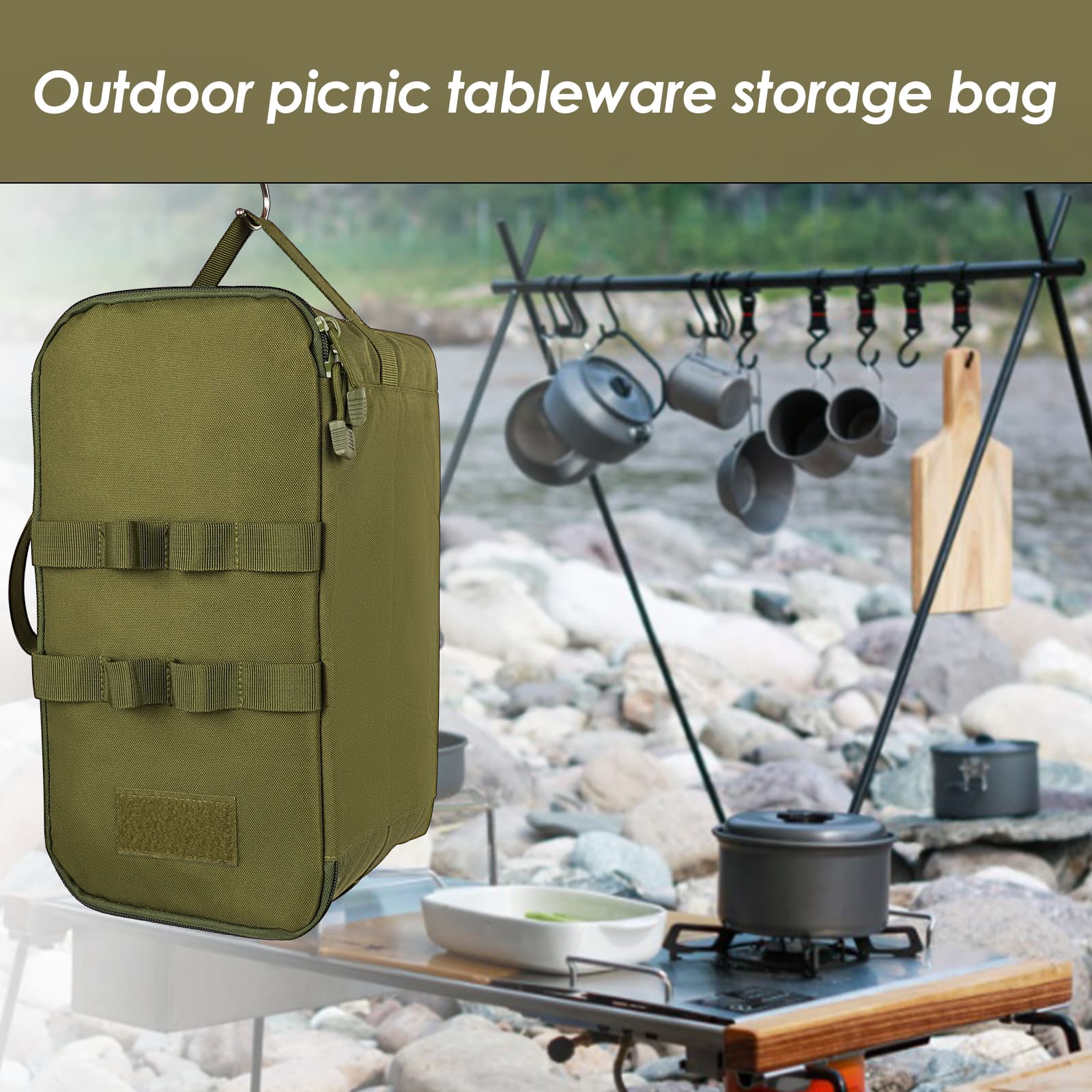 JANKOW Camping Storage Bag, Utility Tote Bag for Camping Cookware Organizer, Trunk Organizer with Shoulder Strap ,Outdoor Garden Tool Bag for Camping, Travel, Picnic, Garage Trunk(Army Green) - 3