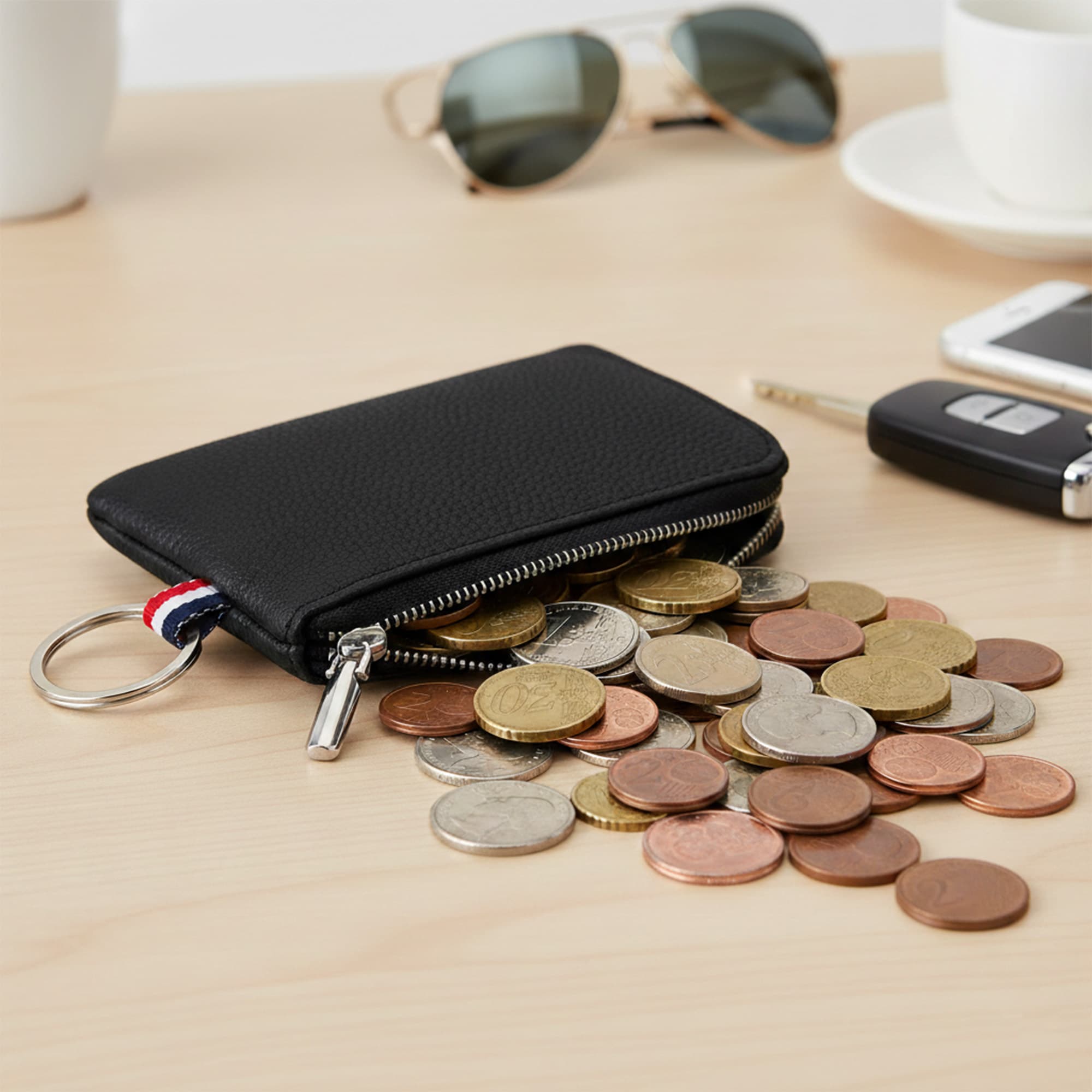 Genuine Leather Mini Coin Purse Keychain, Small Change Pouch Wallet with Clip Ring and Inner Key Holder, Compact Coin Wallet for Keys, Coins, Cash (Black) - 3