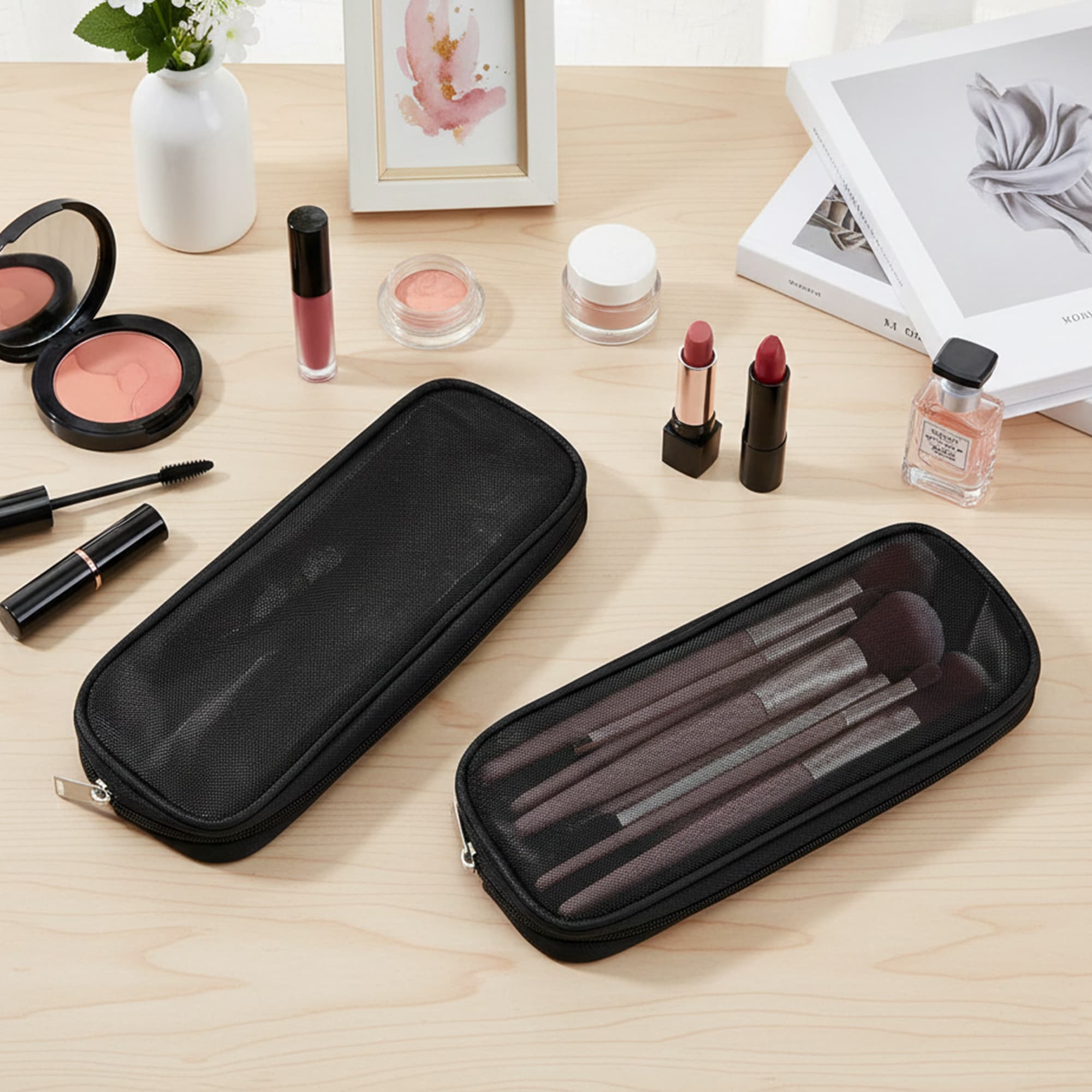 ReignSword 2 Pcs Mesh Makeup Brush Bag with Zipper, Nylon Travel Makeup Brush Holder, Washable Cosmetic Pouch Pencil Case for Travel Essentials (Black) - 3
