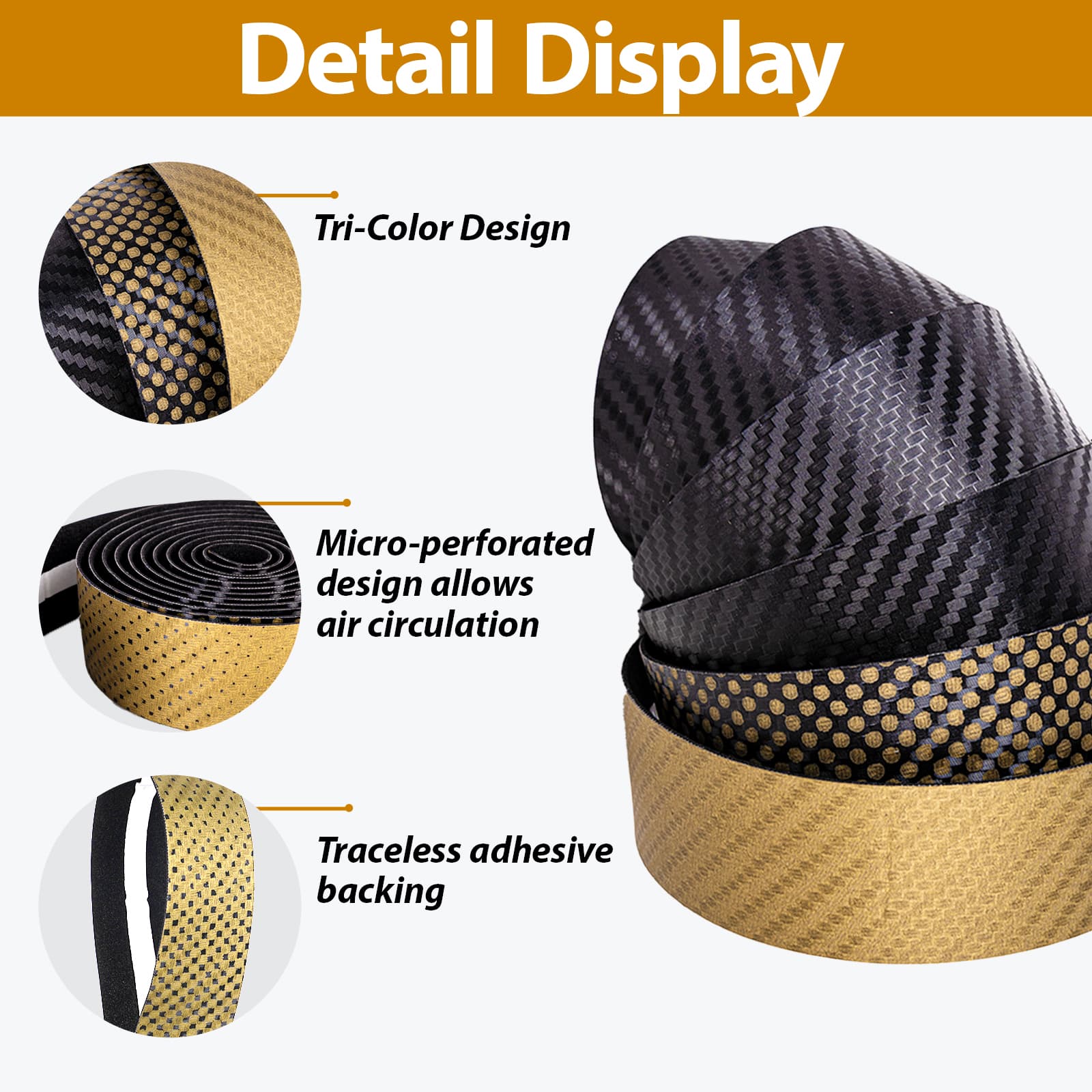 RidingRush Bike Grip Tape Carbon Fiber  (Black & Gold) - PU Leather Non-Slip EVA Handlebar Tape for Road and Gravel Bikes - Lightweight Grip Tape with End Plugs - 2