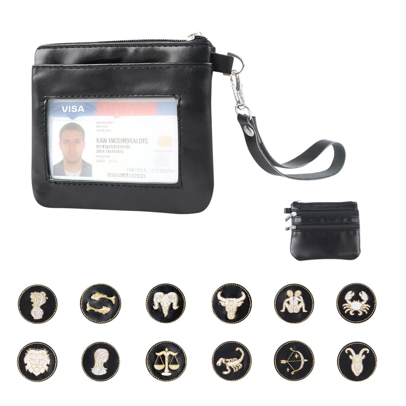 Mini Coin Purse Wallet with Detachable Wrist Strap & 12 Constellation Badges - PU Leather Small Wallet with Front Transparent ID Window, Top Large Cash Zipper Compartment, Back Double Zipper Pockets