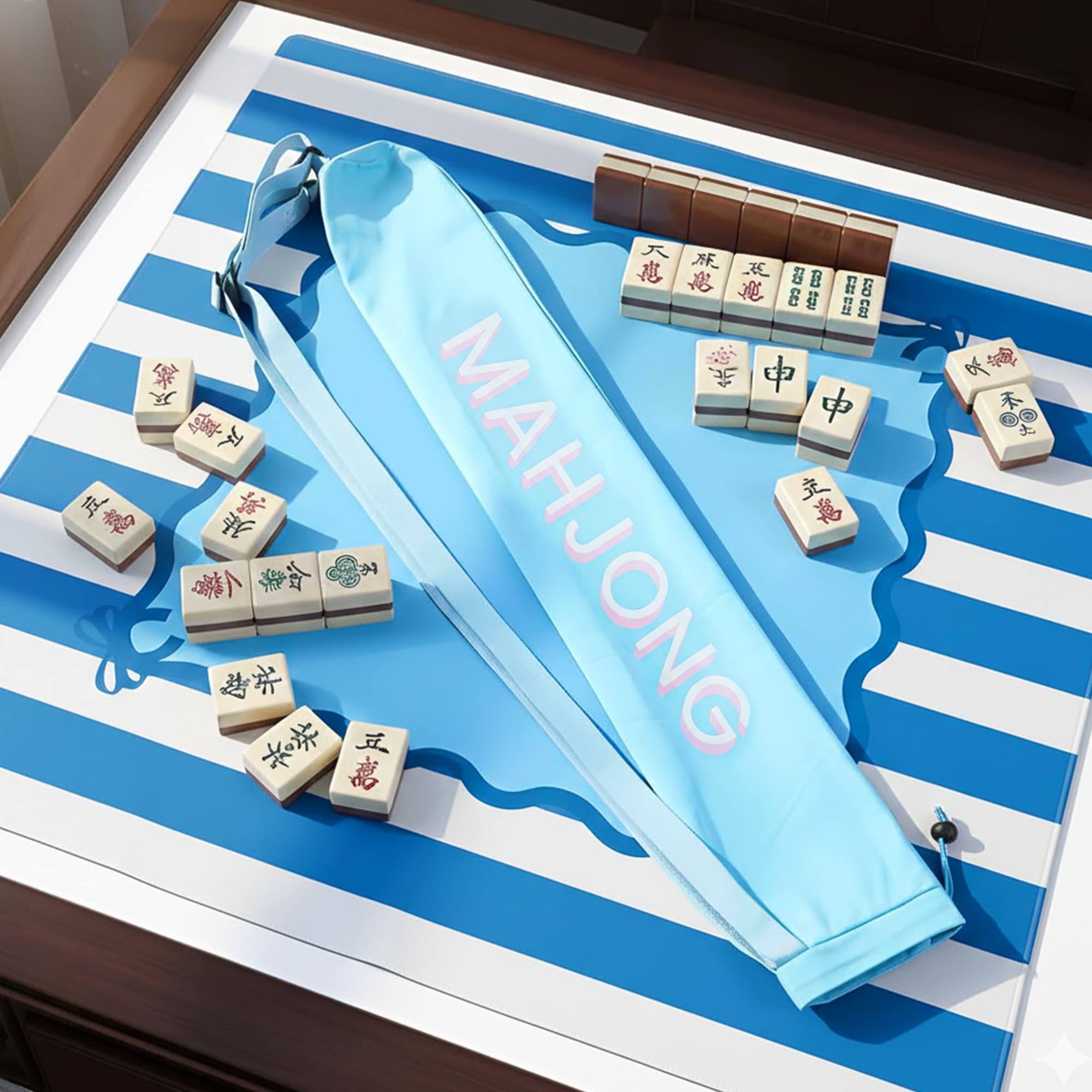 ReignSword Long Mahjong Mat Bag, 34 Inches Double-Shoulder Strap Mahjong Tile Bag with Drawstring, Lightweight Outdoor Portable Carrying Bag for Board Games, Yoga Mats (Blue) - 3
