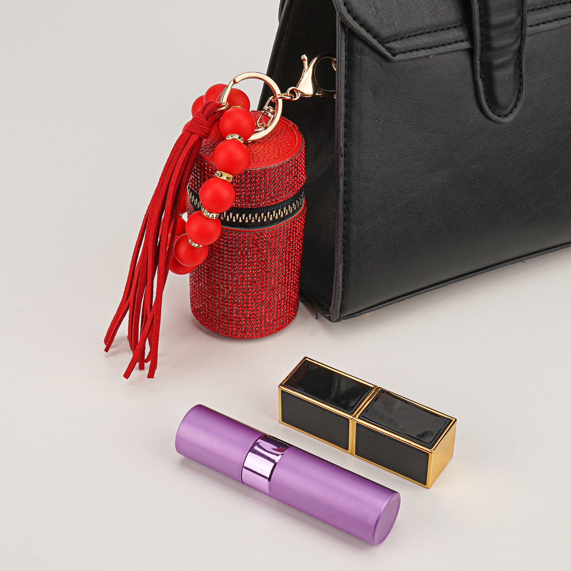 JANKOW Lipstick Keychain Holder Case, Lipstick Holder Keychains, Leather Diamond Lip Gloss Holders with Keychain for Purse Perfume Fingernail Polish (Pink) - 4