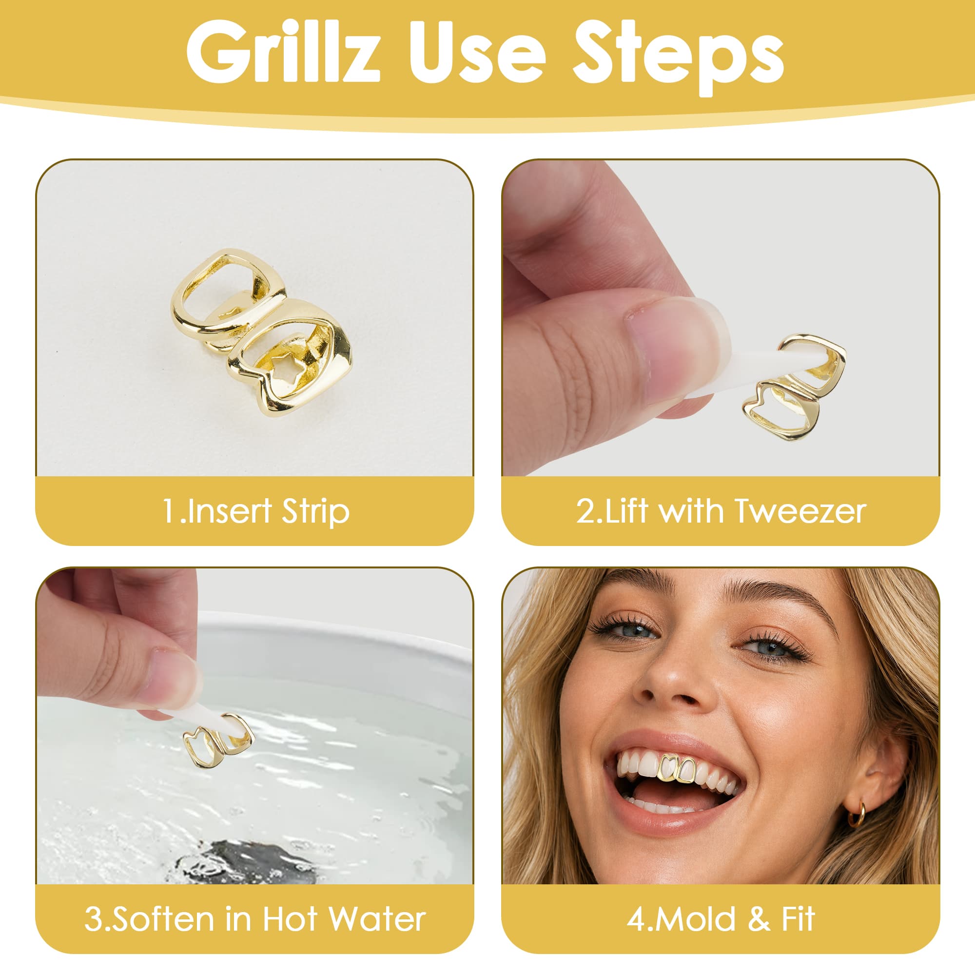 ReignSword Gold Teeth Grillz for Men Women, Adjustable Gold Tooth Cap with Heart, Hip Hop Fashion Teeth Jewelry, Custom Fit Mouth Grill for Party, Concert, Halloween Costume Accessory - 2