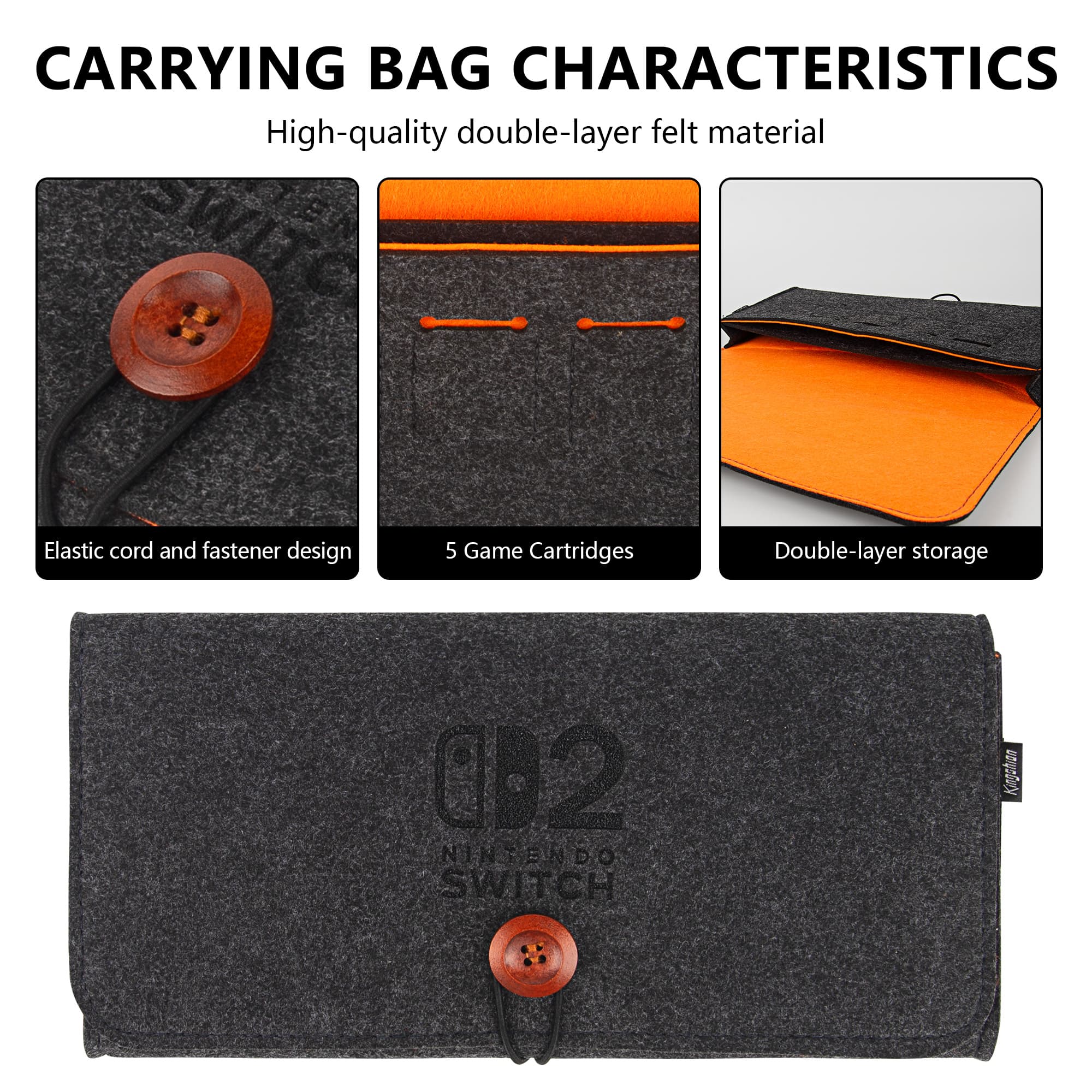 Felt Carrying Bag Compatibility with 2025 Switch 2, Double-mouth Portable Travel Bag Ultra Slim Felt Pouch with 5 Game Cartridges Holders for Switch 2 - Dark grey - 2