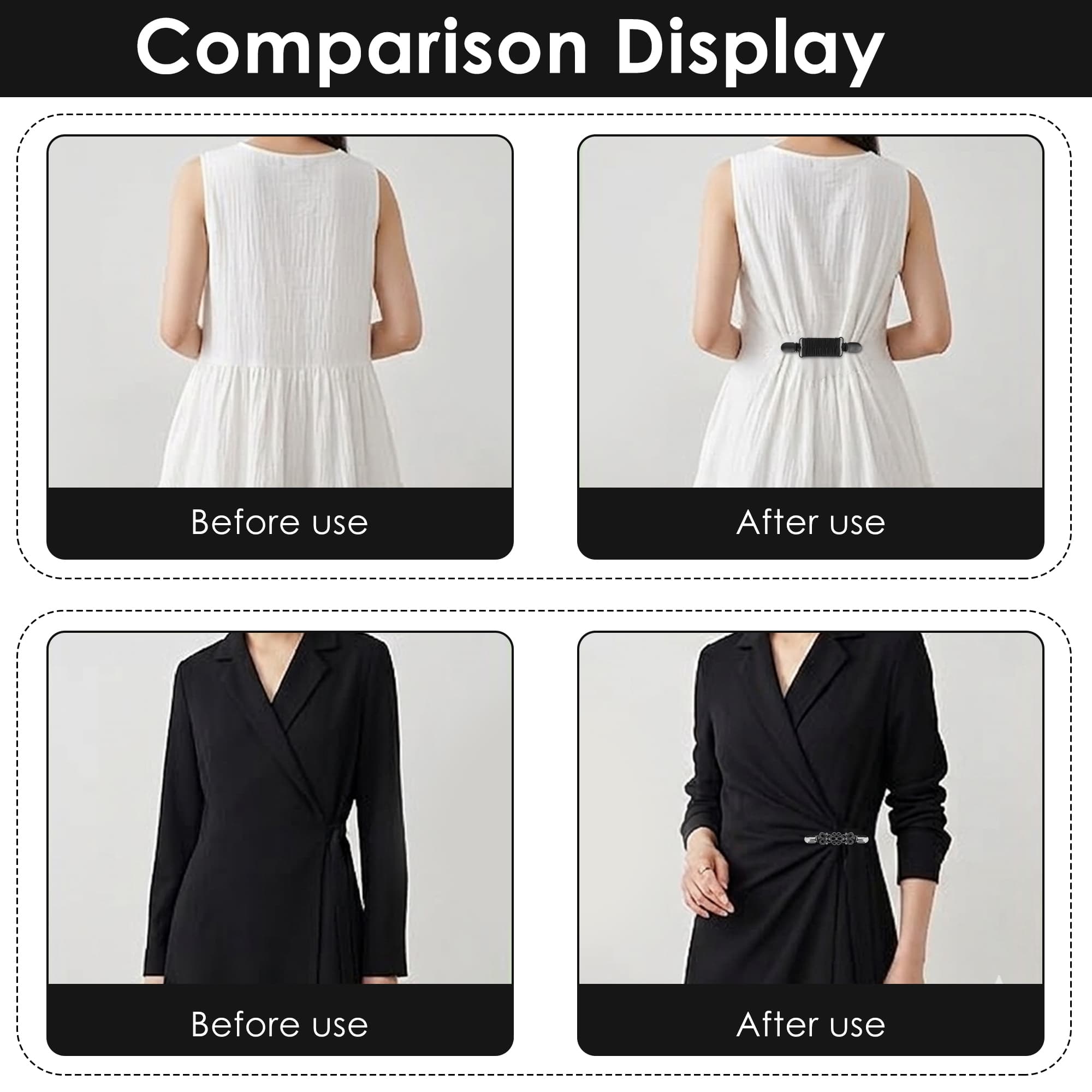 ReignSword Cinch Clips for Women Clothing, 3 Pack Elastic Dress Cinch Clip Shirt Tightener Clip Waist Cincher for Dresses Sweaters Cardigans Shawls Clothing Accessories (Black) - 3