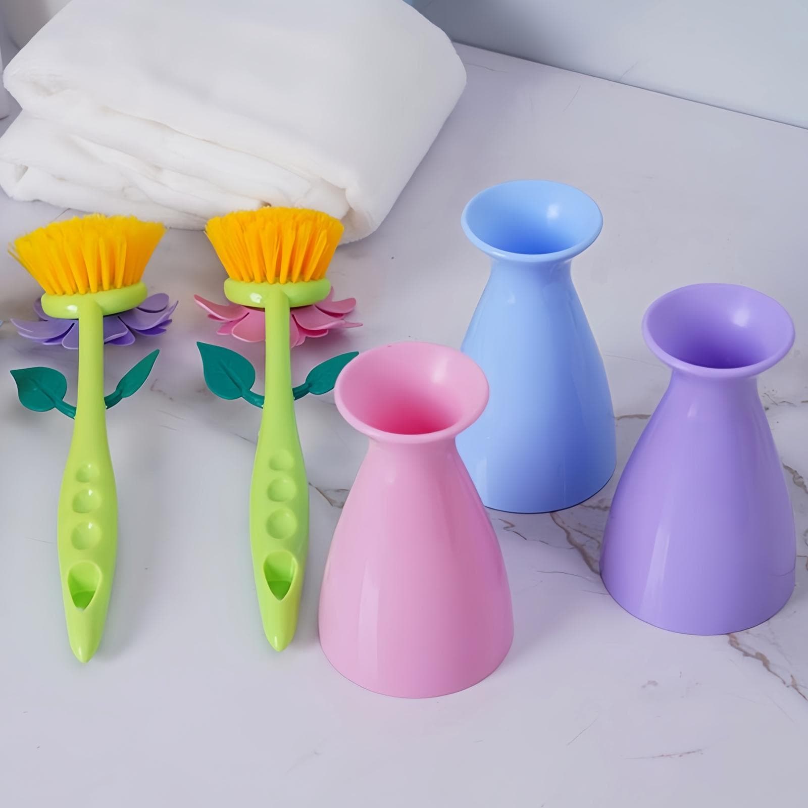 JANKOW Long Handle Vegetable And Fruit Brush, Florganic Dish Brush with Vase, Long Handle Dish Brush Kitchen, for Cleaning Pot Pan Sink Kitchen Supplies Decorative Vase (2 Pcs Green, Pink) - 6