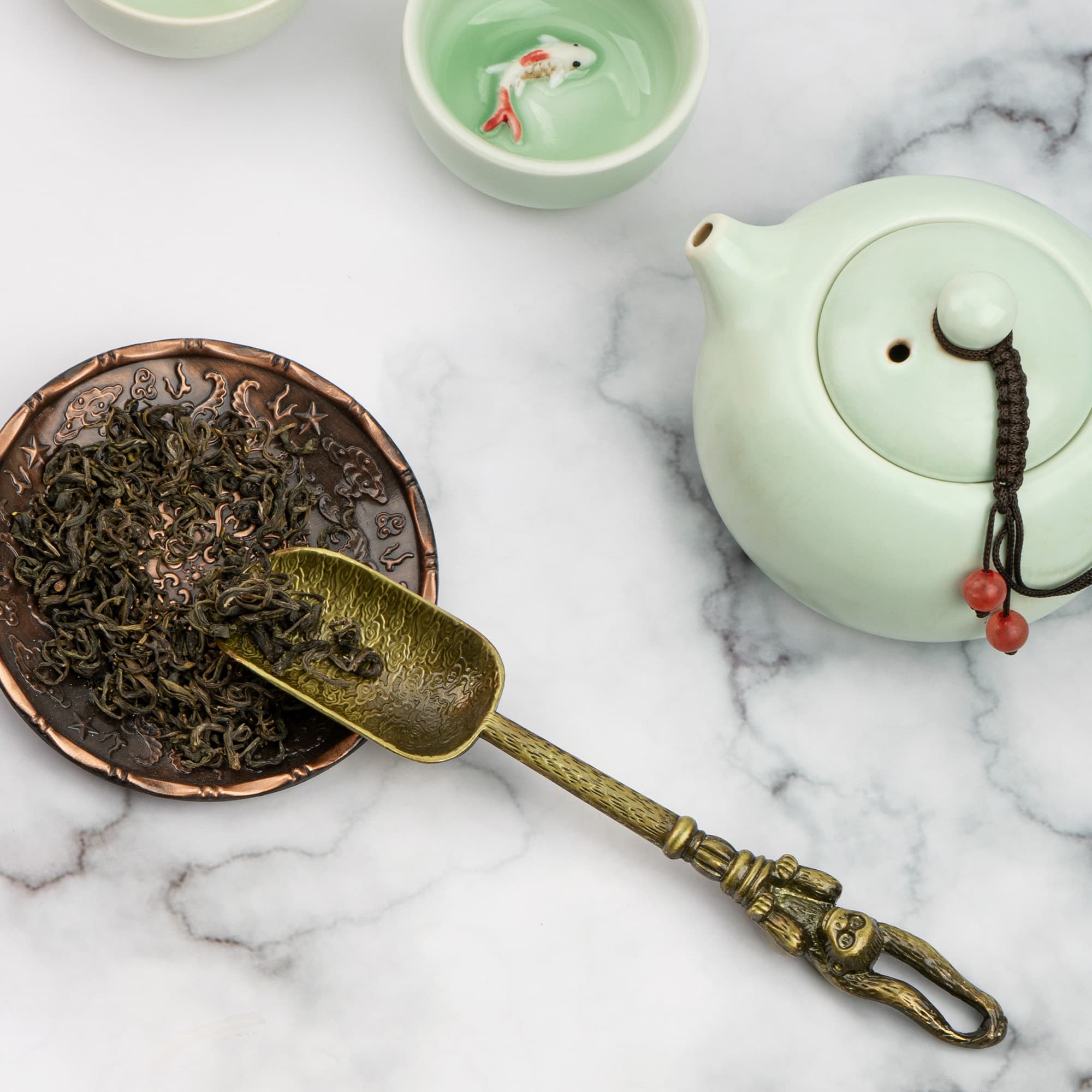 JANKINGS Vintage Bronze Monkey Tea Scoop, Zinc Alloy Loose Leaf Tea Measuring Spoon, Set of 2 - 3