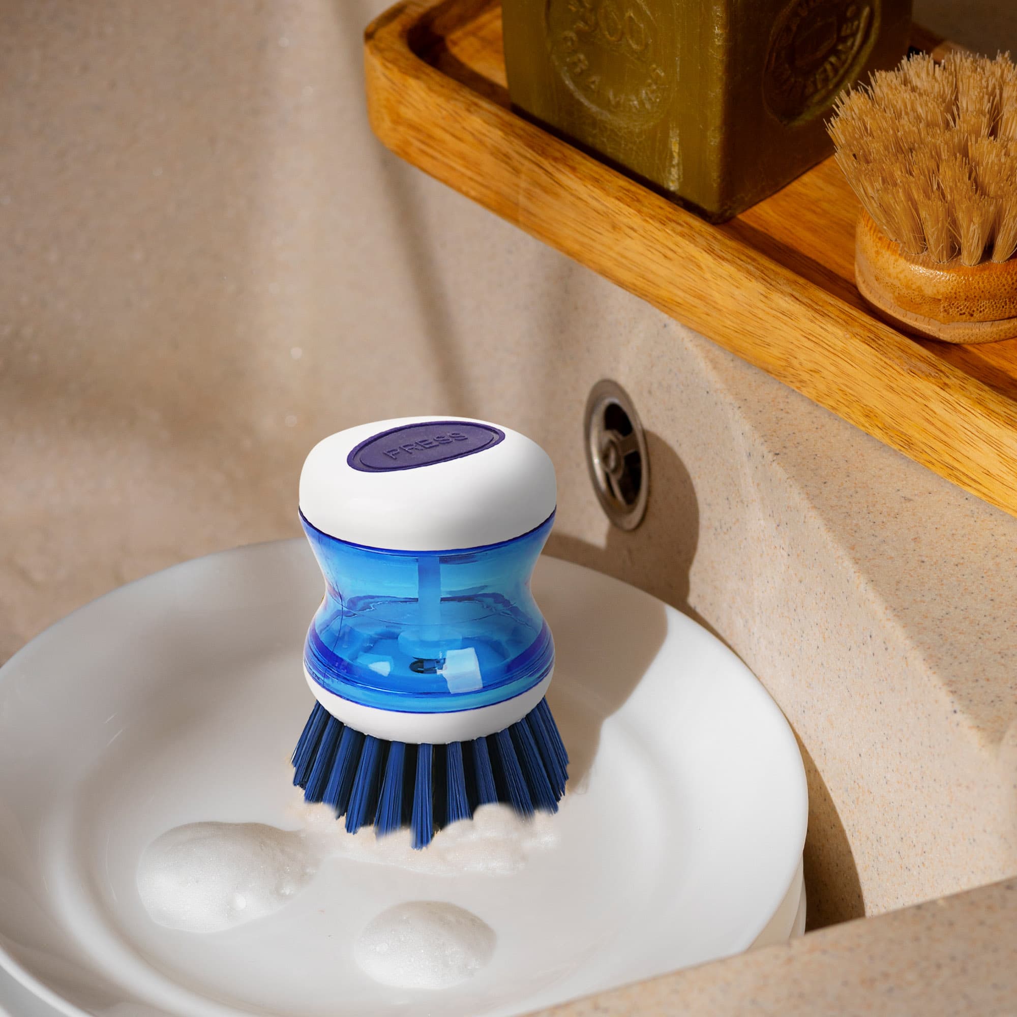 JANKOW Dish Scrubber with Soap Dispenser, 3 Pack Soap Dispensing Palm Brush for Kitchen Sink Pot Pan, Color Coded Dishwashing Scrub Brush Set (Gray, Blue, Orange), Non-Scratch Cleaning Tool - 4