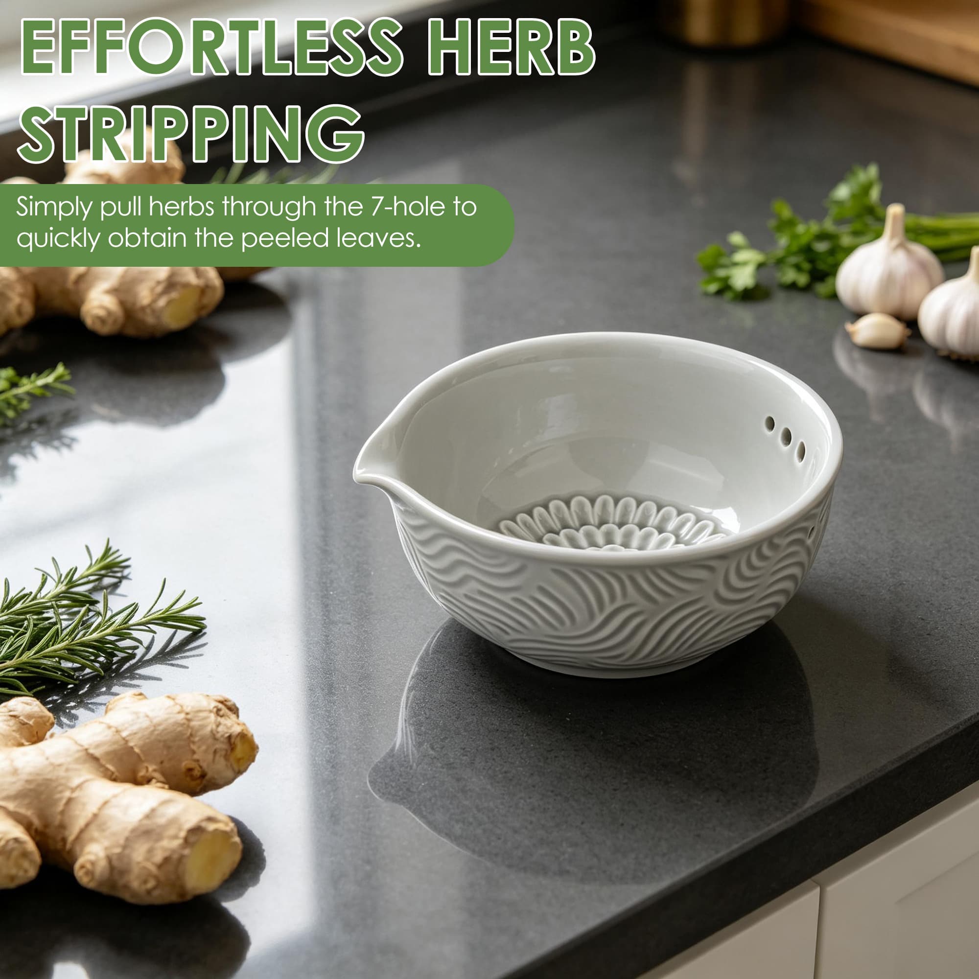 ReignSword Ceramic Garlic Grater Bowl, Gray Embossed Ginger Grater Plate with Stripping Holes, Multi-Use Grinder for Garlic Ginger, with Silicone Brush - 3