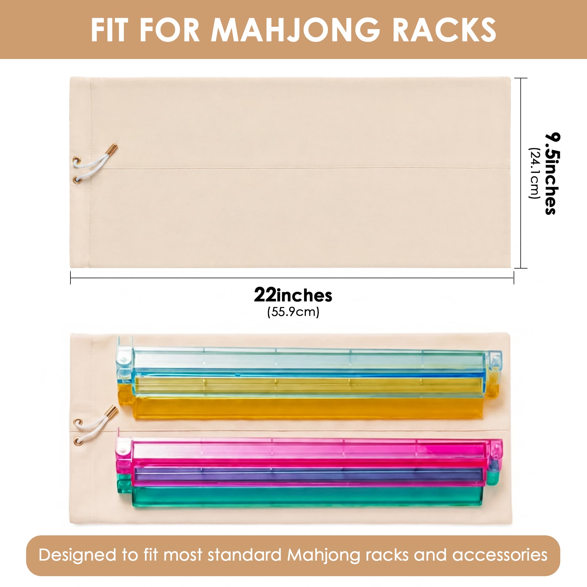 ReignSword Velvet Mahjong Rack Storage Bag, 22x9.5 Inch Drawstring Pouch, 2-Compartment Organizer for 4 Mahjong Racks & Pushers, Protective Holder for Mah Jongg Accessory (Beige) - 2