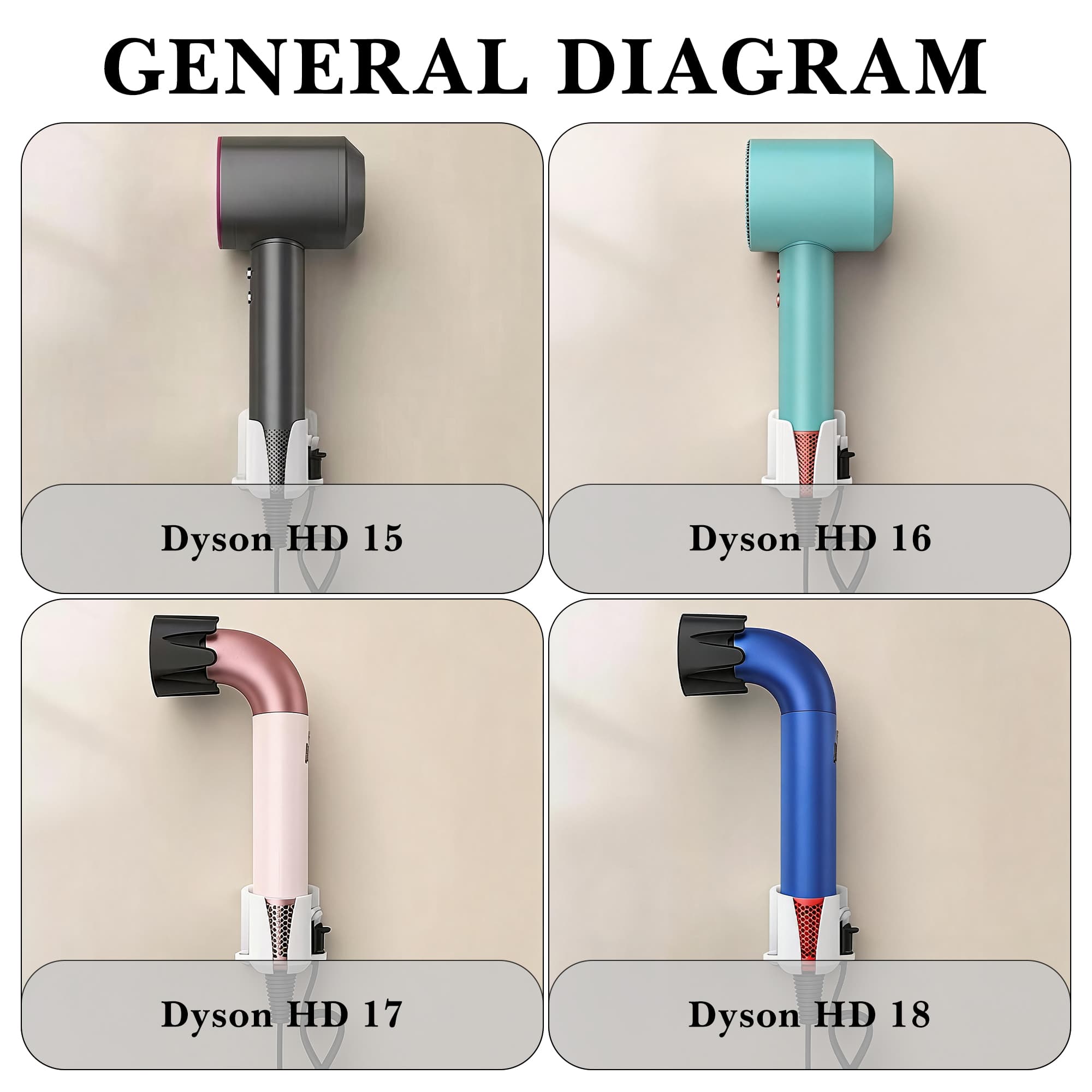 ReignSword Hair Dryer Wall Mount Holder, Plastic Bathroom Organizer Rack Compatible with Dyson Supersonic HD17, Blow Dryer Storage Stand with Inner 1.54" Diameter (White) - 5