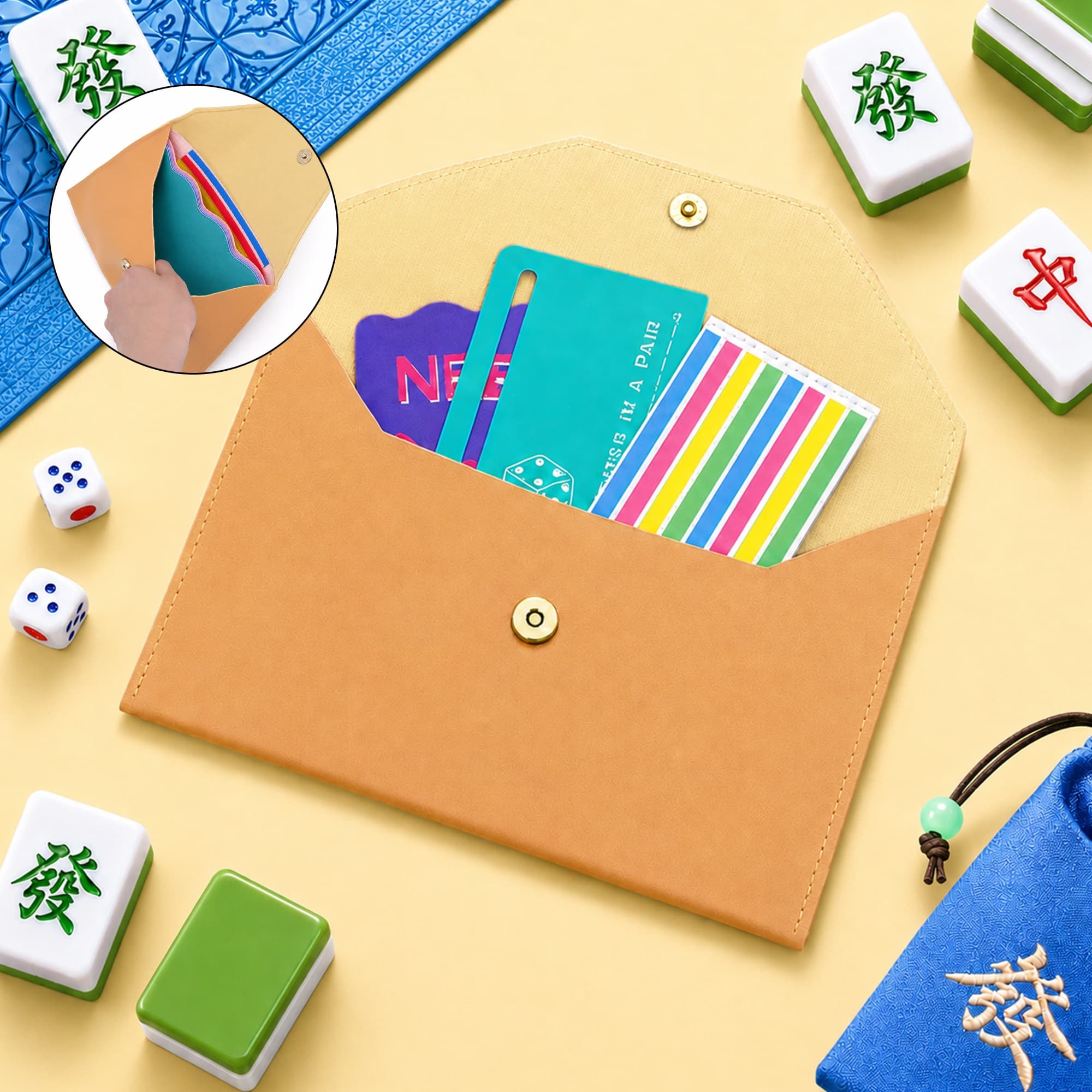 ReignSword Mahjong Card Holder, PU Vegan Leather 2026 Mahjong Storage Bag, Snap Button Standard Hands Rules Card Organizer, 8.66 x 5.71 Inch, Yellow - 7